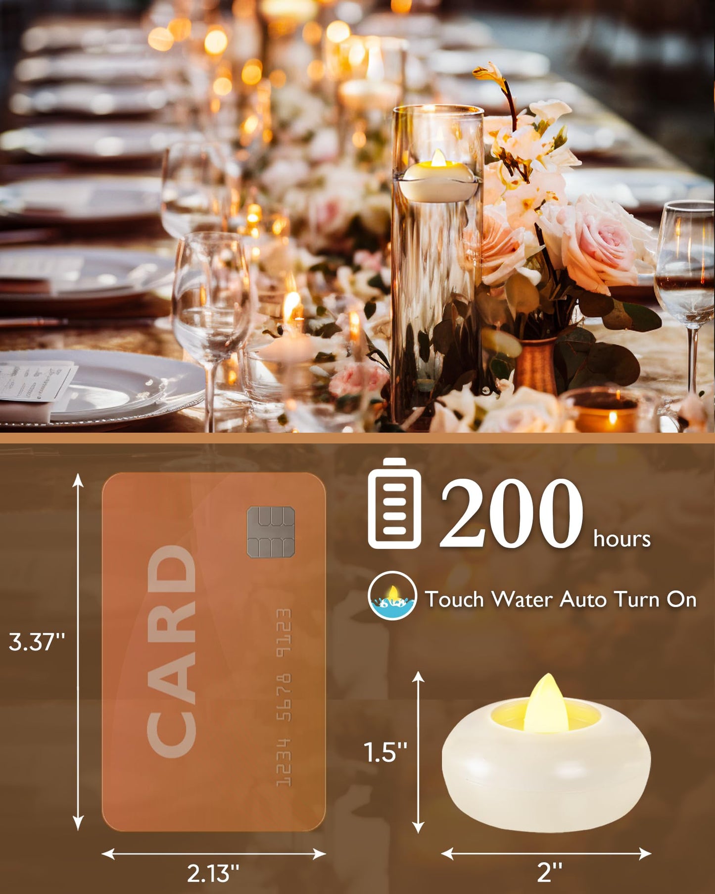 Homemory 2” Flameless Led Floating Candles, 200 Hour Plastic Battery Operated Flickering Waterproof Tealights for Cylinder Vases, Centerpieces at Wedding, Party, Pool, Holiday(6Pack, White Base)