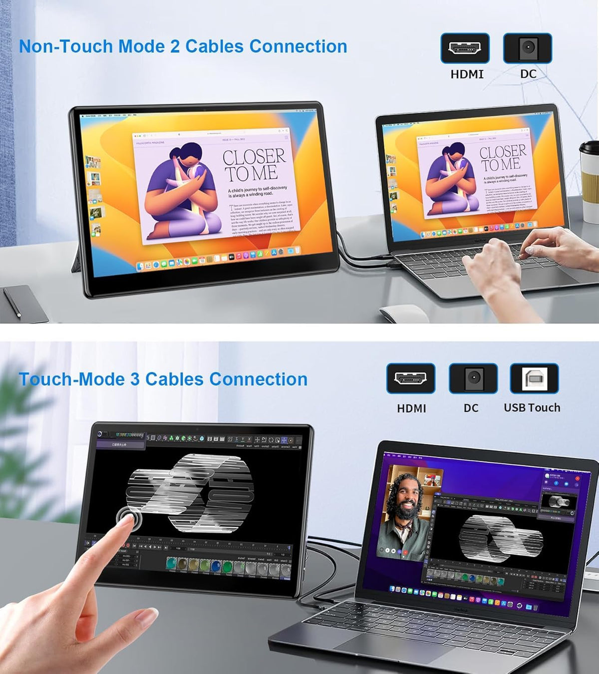 JUNEBOX 13.3'' Portable Touch Screen Monitor,VESA Touchscreen Display,1080P 10-Point HDMI VGA Port Ultra-Slim Portable Laptop Touchscreen Monitor for PC MacBook Phone PS Xbox(13.3 inch) 1
