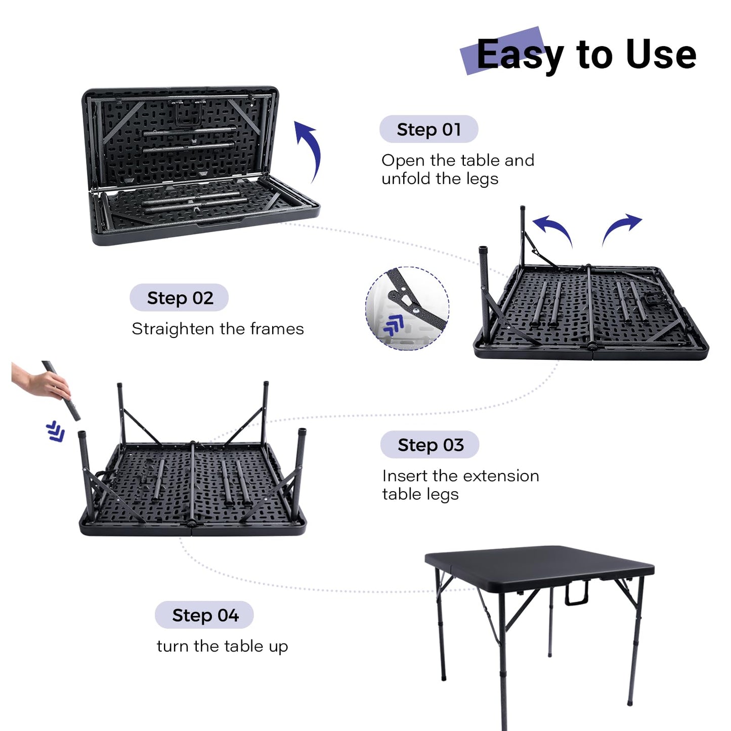 Byliable 34" Square Folding Card Table, Fold-in-Half Utility Dining Portable Table Heavy Duty HDPE Plastic Foldable with Carrying Handle Indoor Outdoor for Picnic, Camping, Party, Black