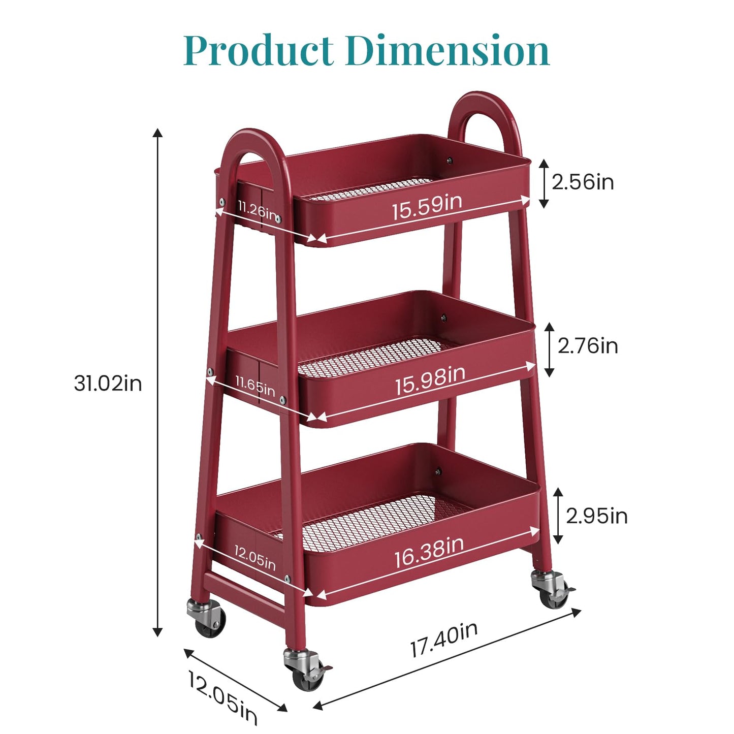 NEWBULIG 3-Tier Metal Rolling Cart with Lockable Wheels, Heavy Duty Mobile Utility Storage Shelf, Roller Book Snack Cart, Organization for Livingroom, Bathroom, Office, Red