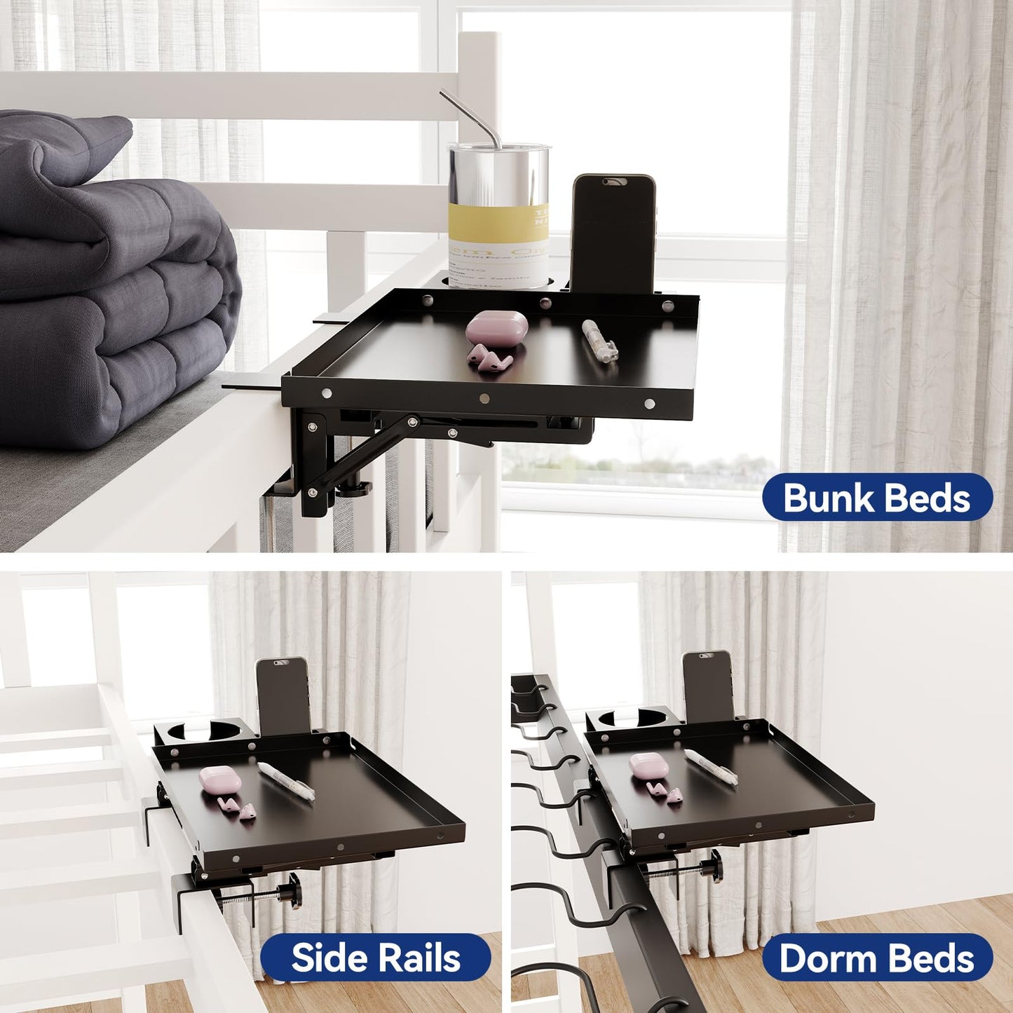 AmzAge Metal Bedside Shelf Table Tray with Cup Holder, Foldable Bed Side Table for Bunk Bed & Top Bunk, College Dorm Room Essentials for Guys & Girls, Clip-on Laptop Nightstand for IKEA Beds, Black