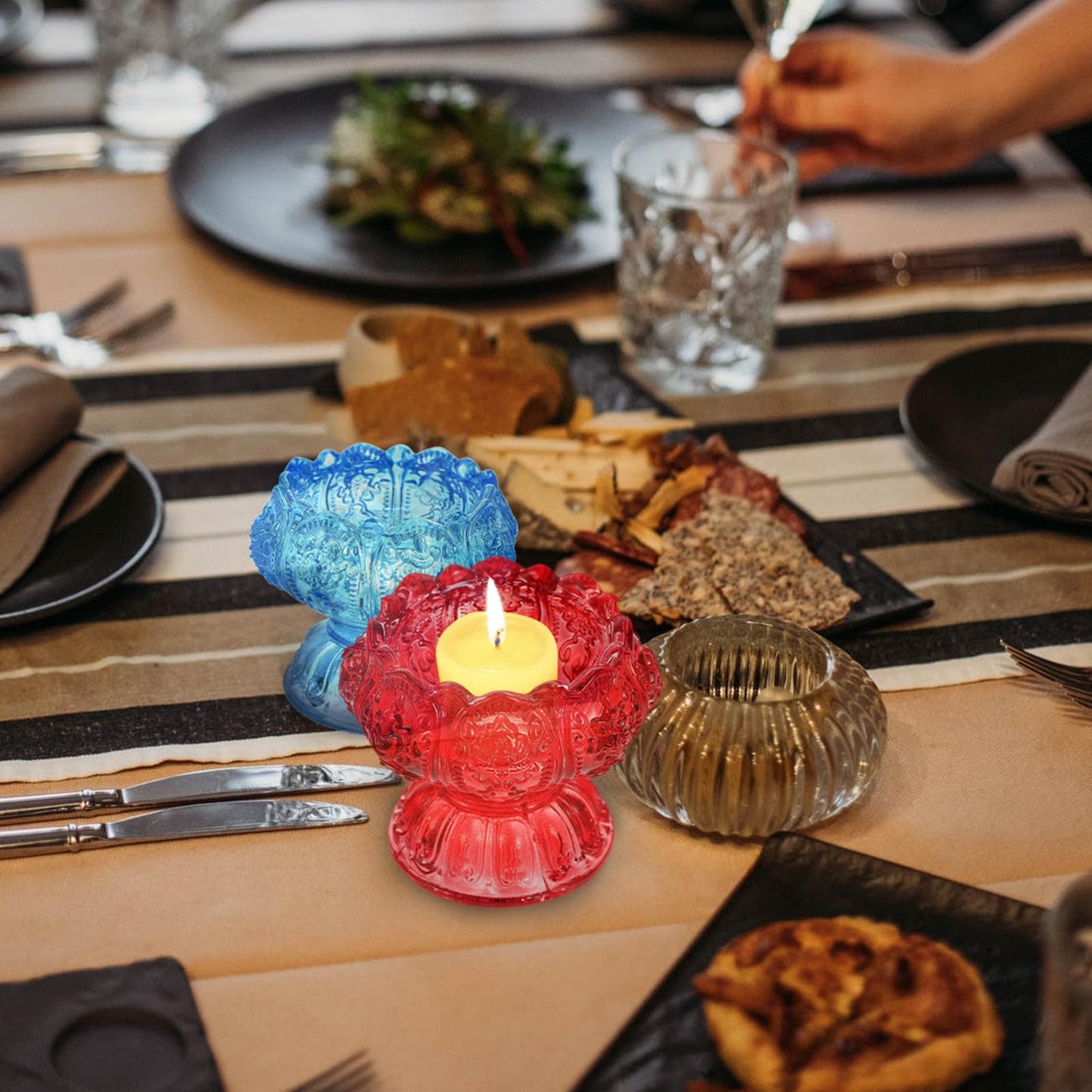 HOMOCONO 3pcs Glass Candleholder Set with High Base, Blue Red Pink Small Decorative Butter Lamp Holders for Desktop Religious and Home Décor