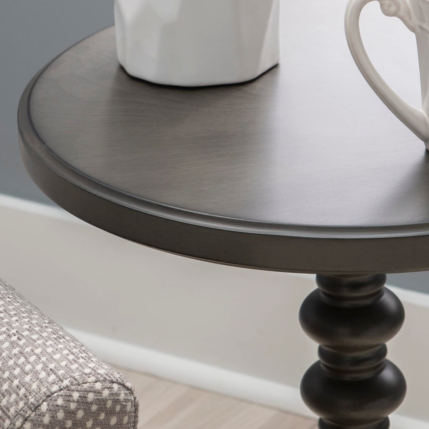 Powell Tarkin Round Dark Grey Turned Spindle Pedestal Side Accent Table