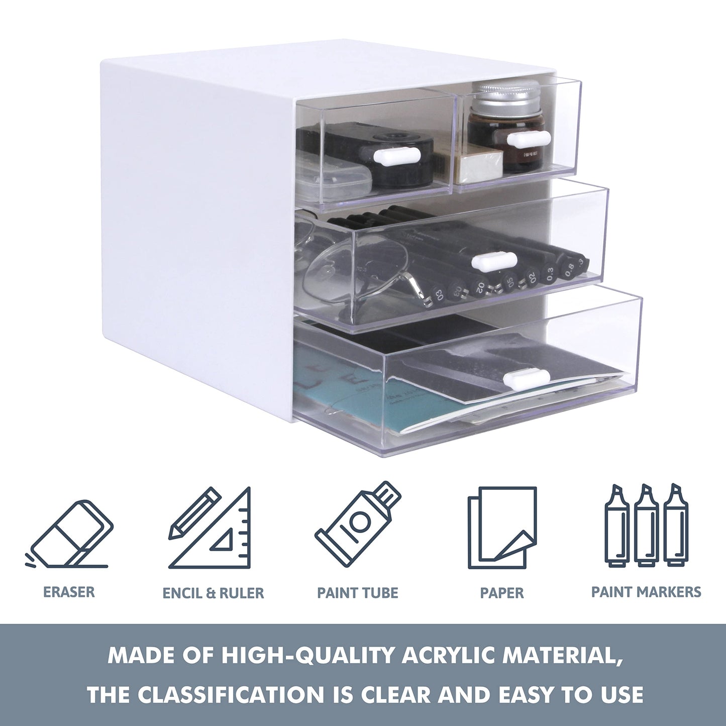 Zyners Desk Organizer with Drawer, Office Organizer with 4 Drawers, Desk Storage Box for, Desktop, Dressing table, Office, School, Home, Plastic Box and 4 Acrylic Drawers(White)