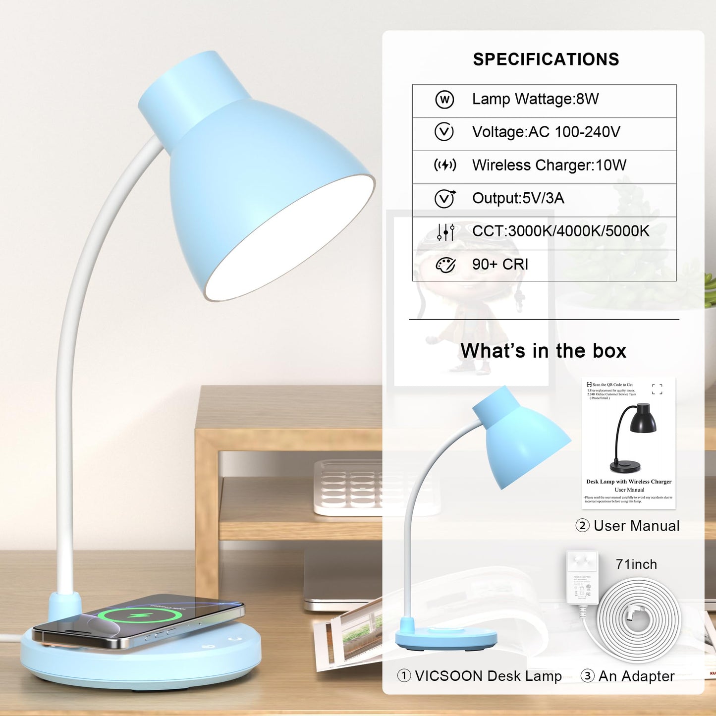 Vicsoon Desk Lamps for Home Office - LED Desk Lamp with Wireless Charger, 3 Color Modes Dimmable Eye-Caring Study Reading Desk Light, Small Flexible Arm Table Lamp for College Dorm Room Bedside, Blue