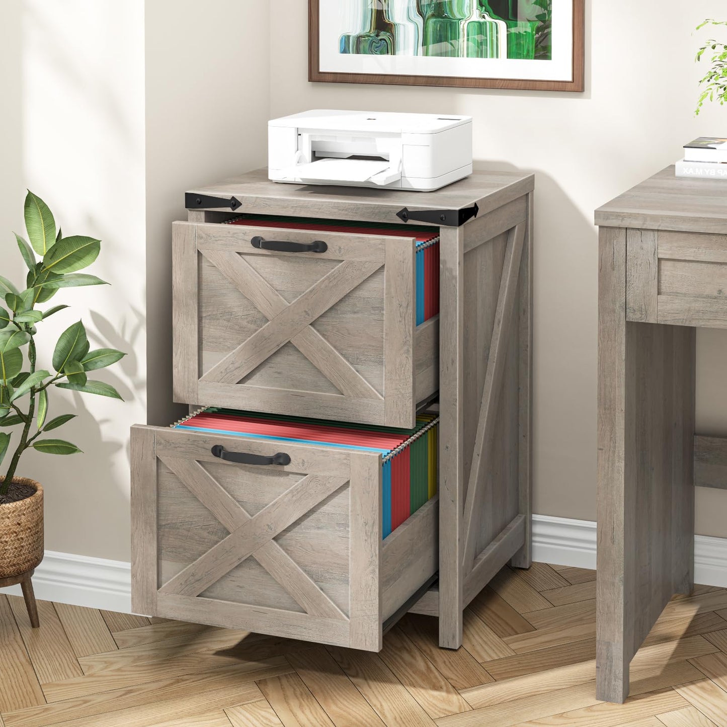 Halitaa 2 Drawer Small File Cabinet, Farmhouse Vertical Filing Cabinet Fits Letter and A4 Size, Under Desk Wooden File Cabinets for Home Office, Printer Stand, Grey