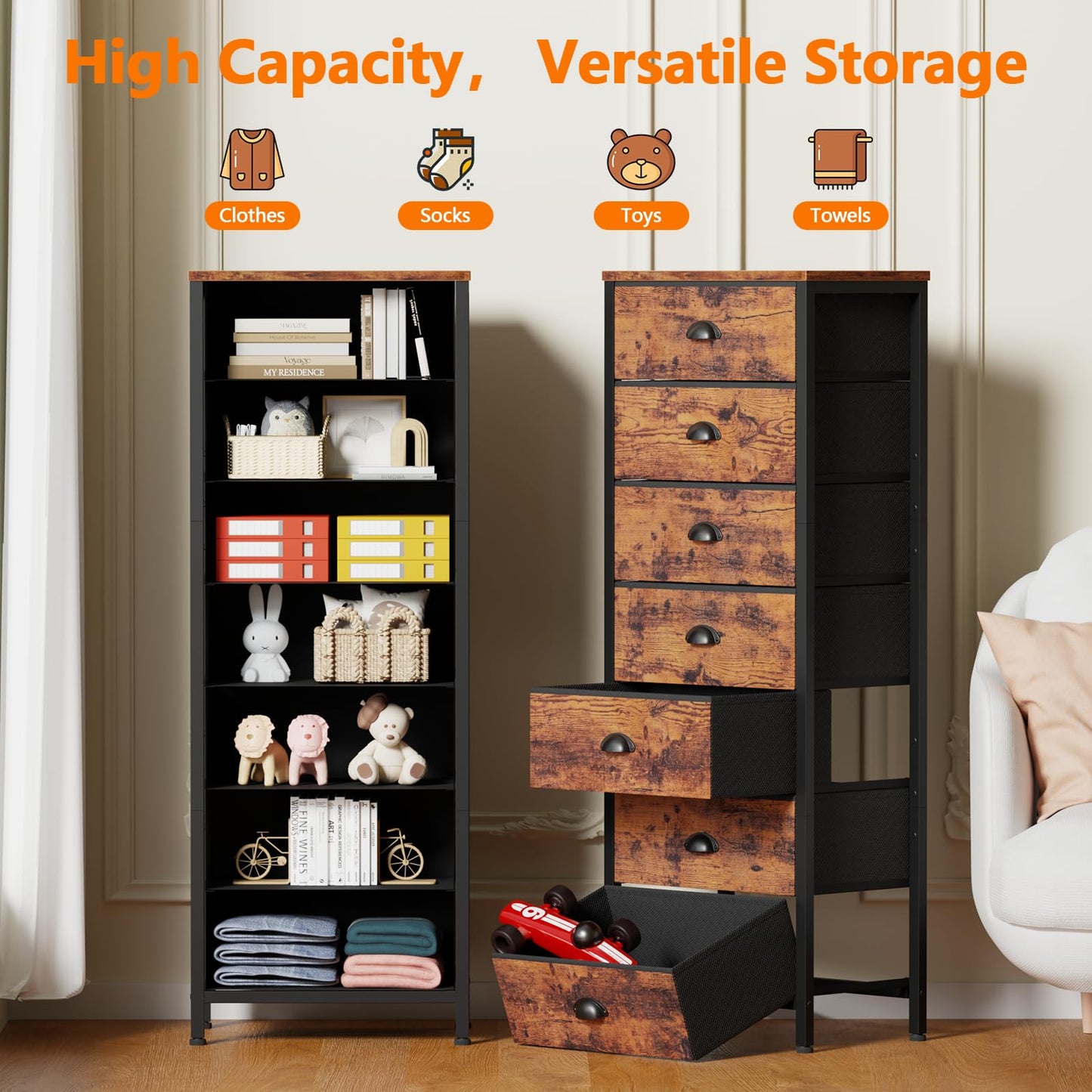 Furnulem Bedroom Dresser with 7 Drawers,Tall Industrial Fabric Chest of Drawers, Vertical Storage Tower Bedside Furniture in Living Room,Closet,Entryway-Sturdy Steel Frame(Rustic Brown)