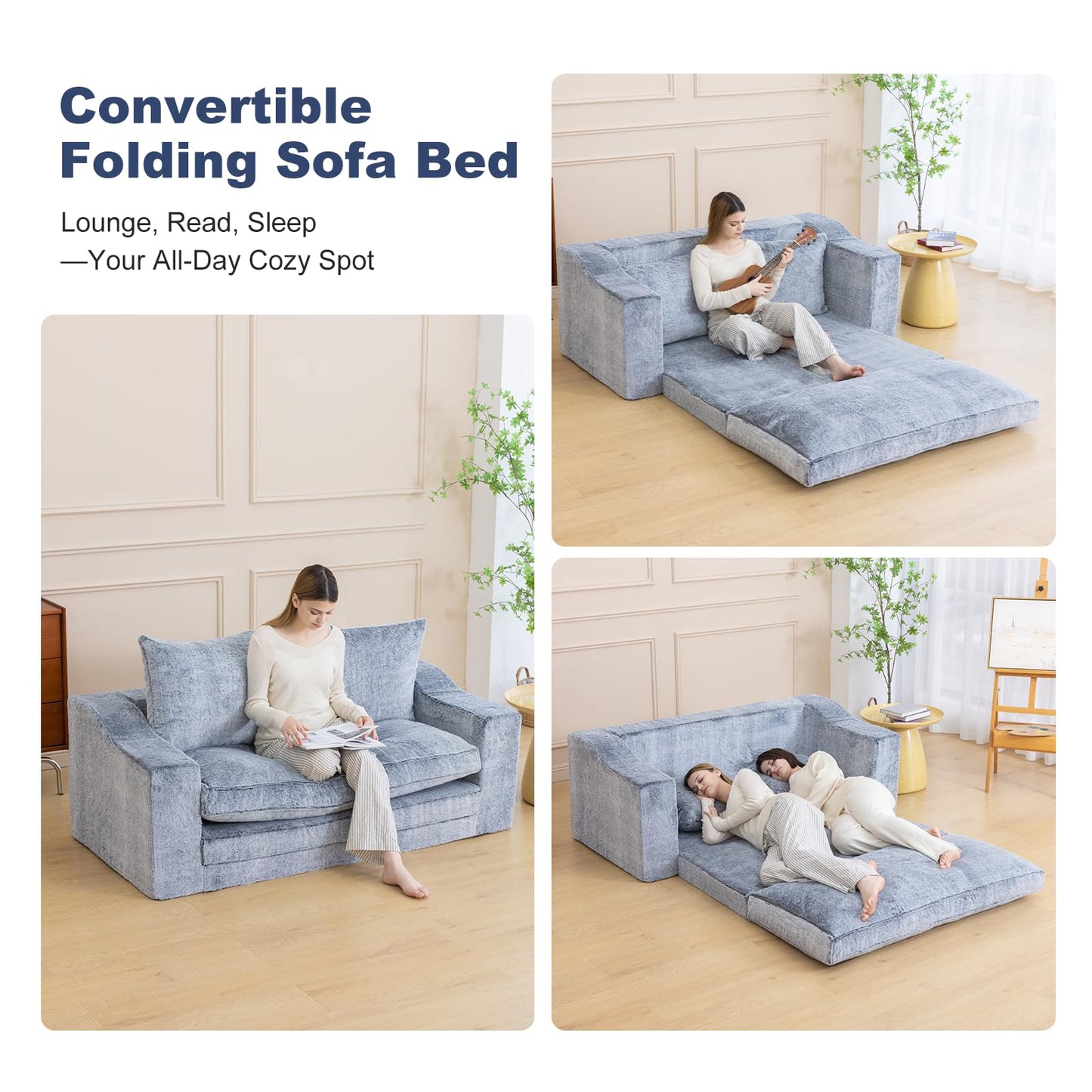 61" Convertible Sofa Bed Loveseat, Memory Foam Boneless Floor Couch with Removable Faux Fur Cover, Tri-folding Compact Full-size Sleeper for Small Living Room, Playroom, Guest Room, RV (White-on-Grey)