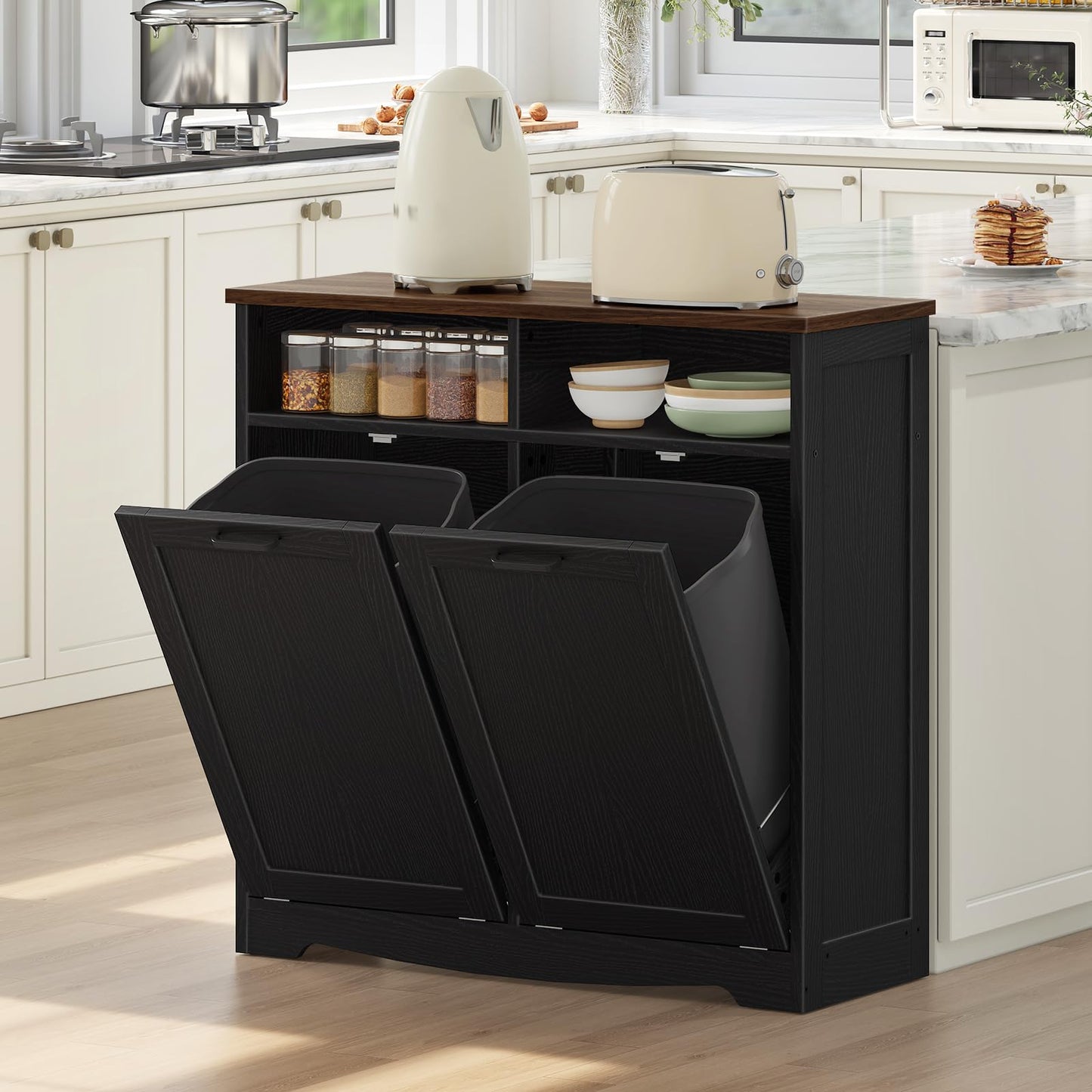 HOOBRO Double Tilt Out Trash Can Cabinet, 20 Gallon Kitchen Trash Bin Cabinet, Hidden Trash Storage with Open Compartments, Hidden Laundry Hamper, for Kitchen, Laundry, Black and Walnut BH04LJ01