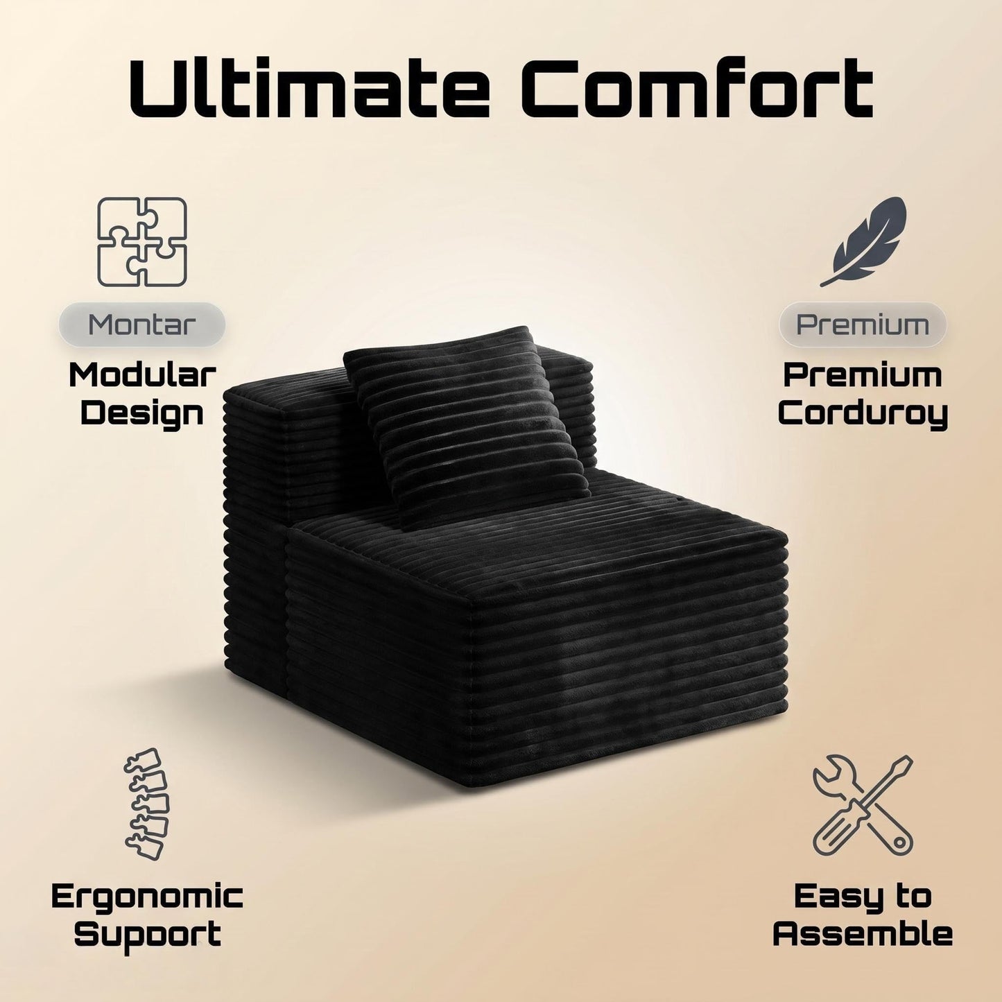 TIRUSS Black 38.58'' Armless Middle Modular Sofa Module, Boneless Fluffy Corduroy Cloud Chair, Detachable Sectional Couch Seat for Living Room Small Spaces