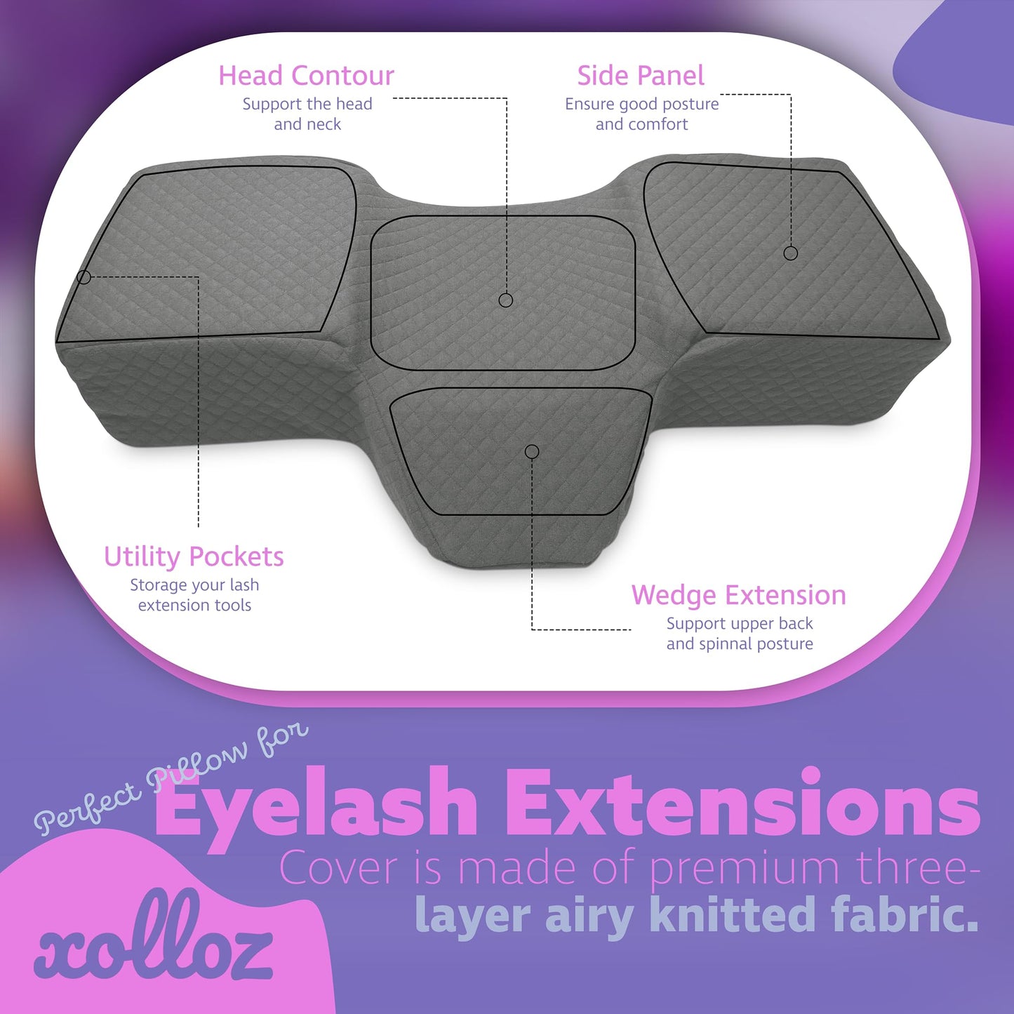 Lash Pillow for Eyelash Extensions - Curved Memory Foam Bed Pillow, Ergonomic Head Rest with Neck Support, Side Pockets for Tools, Fits Lash Beds for Tech – Gray