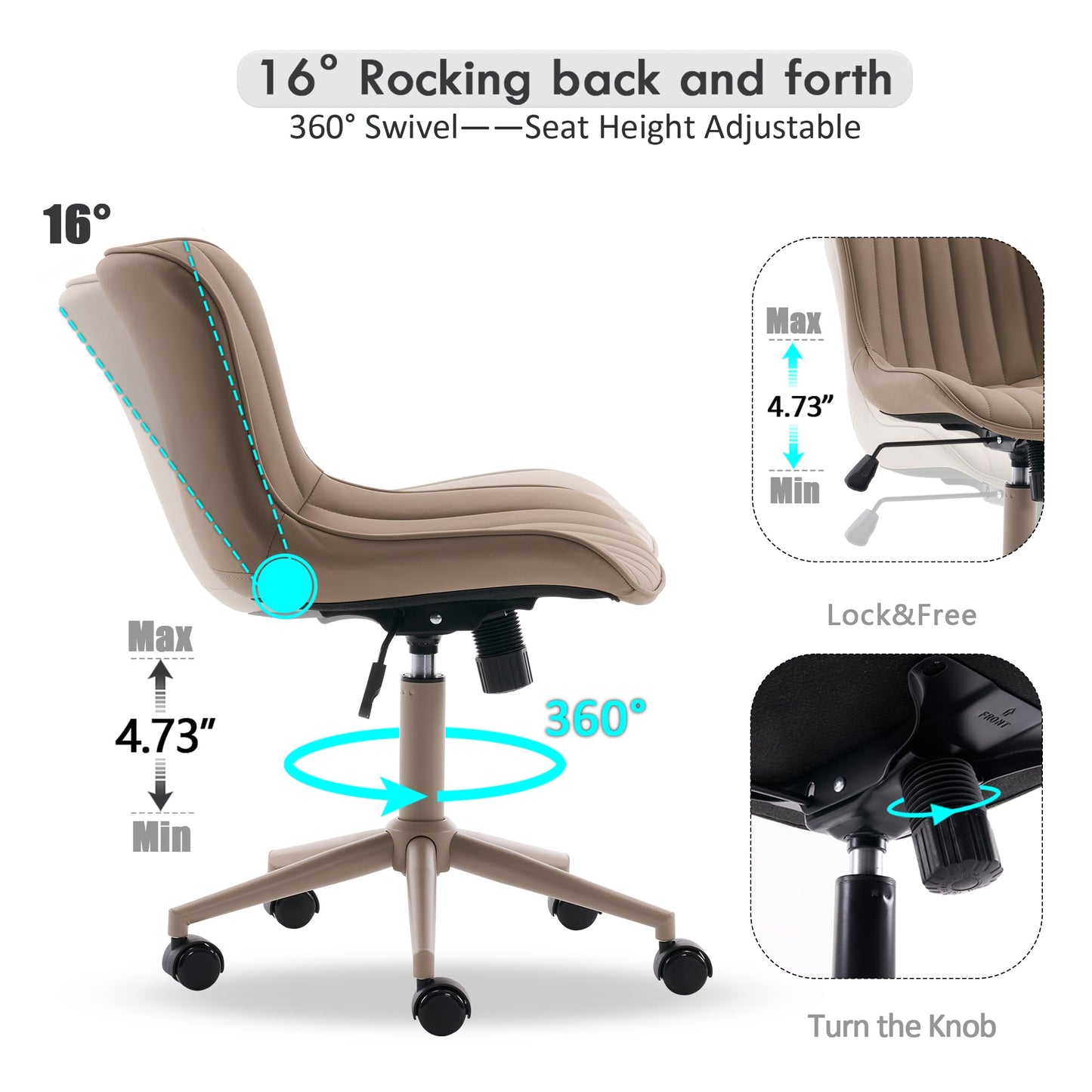 YOUNIKE Home Office Desk Chair with Wheels Armless Vanity Chair with Back Comfy Modern Leather Upholstered Rolling Task Chair Swivel Small Cute Sewing Chair No Arms Wide Adjustable Ergonomic All Khaki