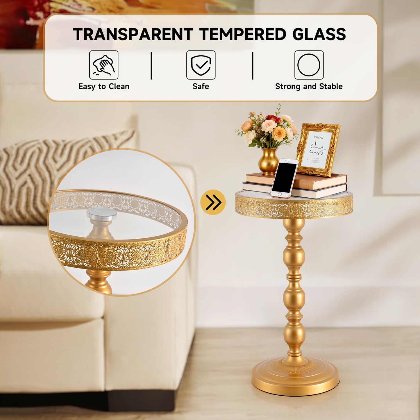 taotanra-Gold Round End Table with Glass Top, Hollow-Carved Metal Frame Small Pedestal Side Table, Modern Accent Coffee Table for Living Room Bedroom Entryway Home Decor