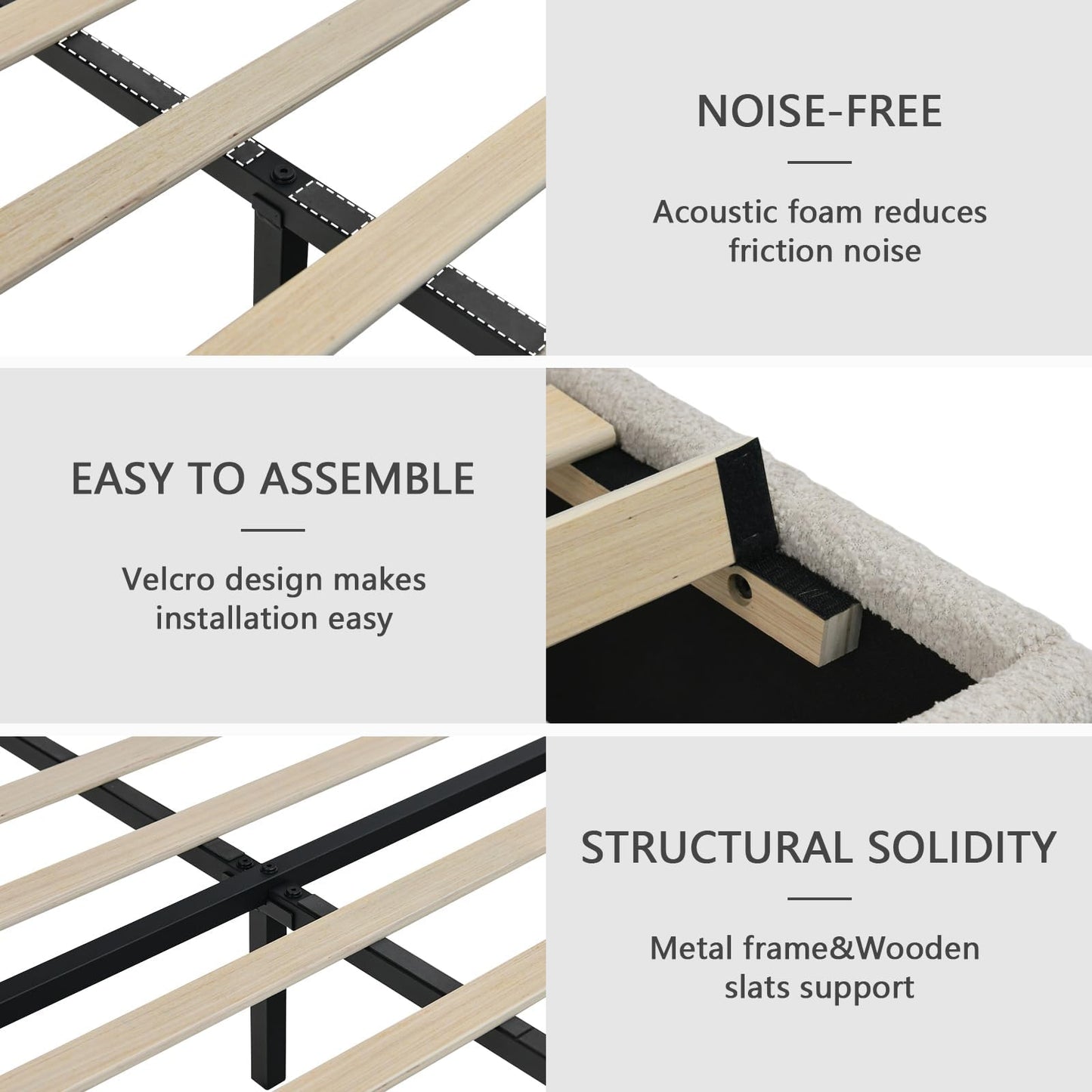 IMMERSTABLE Bed Frame Queen Size, Boucle Upholstered Bed Frame with Headboard, Removable and Washable, No Box Spring Needed, Wood Slat Support，Easy Assembly, White