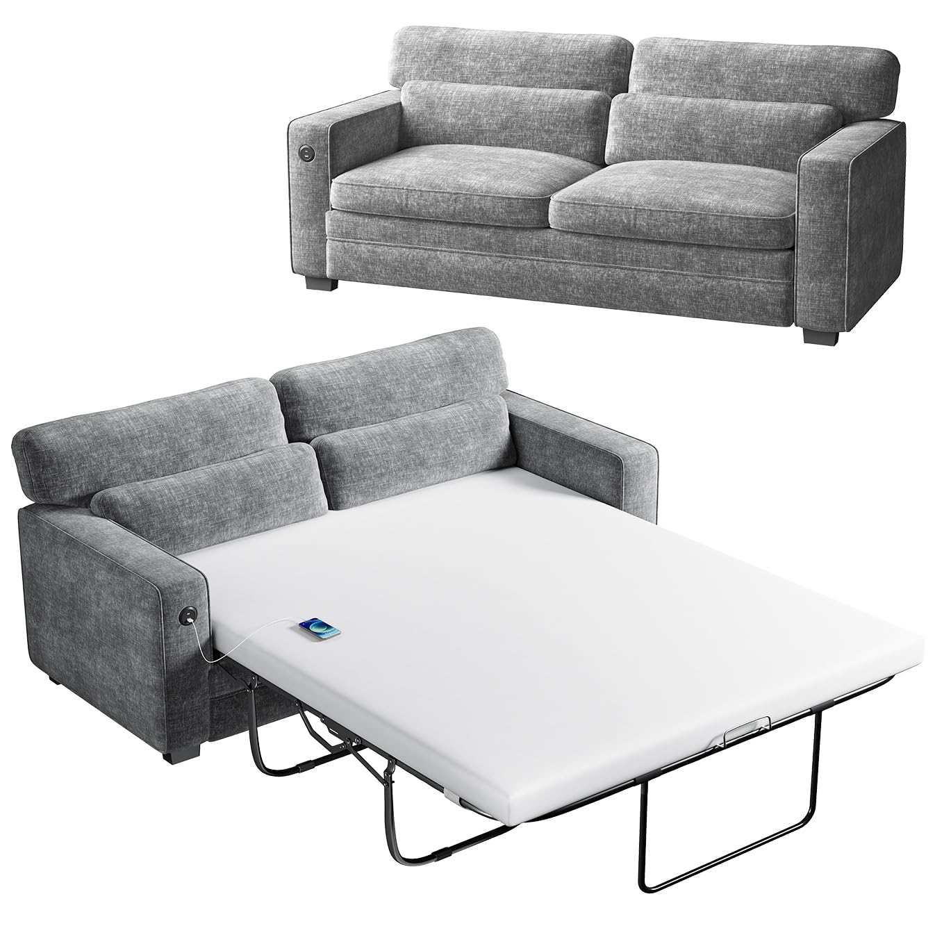 Marsail 63" Pull Out Sofa Bed, Full Size Sleeper Sofa with Memory Foam Mattress, 2 USB Charging Ports & Removable Covers, Chenille Loveseat Couch for Living Room, Apartment, Light Grey
