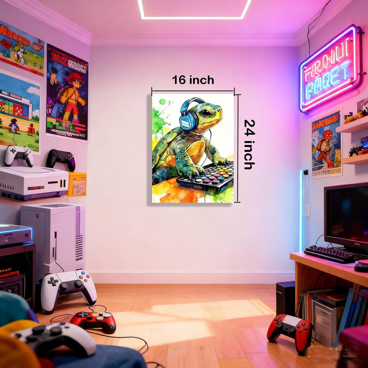 Graffiti DJ Sea Turtle Canvas Wall Art Modern Funny Print 16x24 inch Green Tortoise with Headphones Teen Boy Gaming Room Cool Framed Animal Decor Kids Bedroom Gift Decor Men Office Home Poster