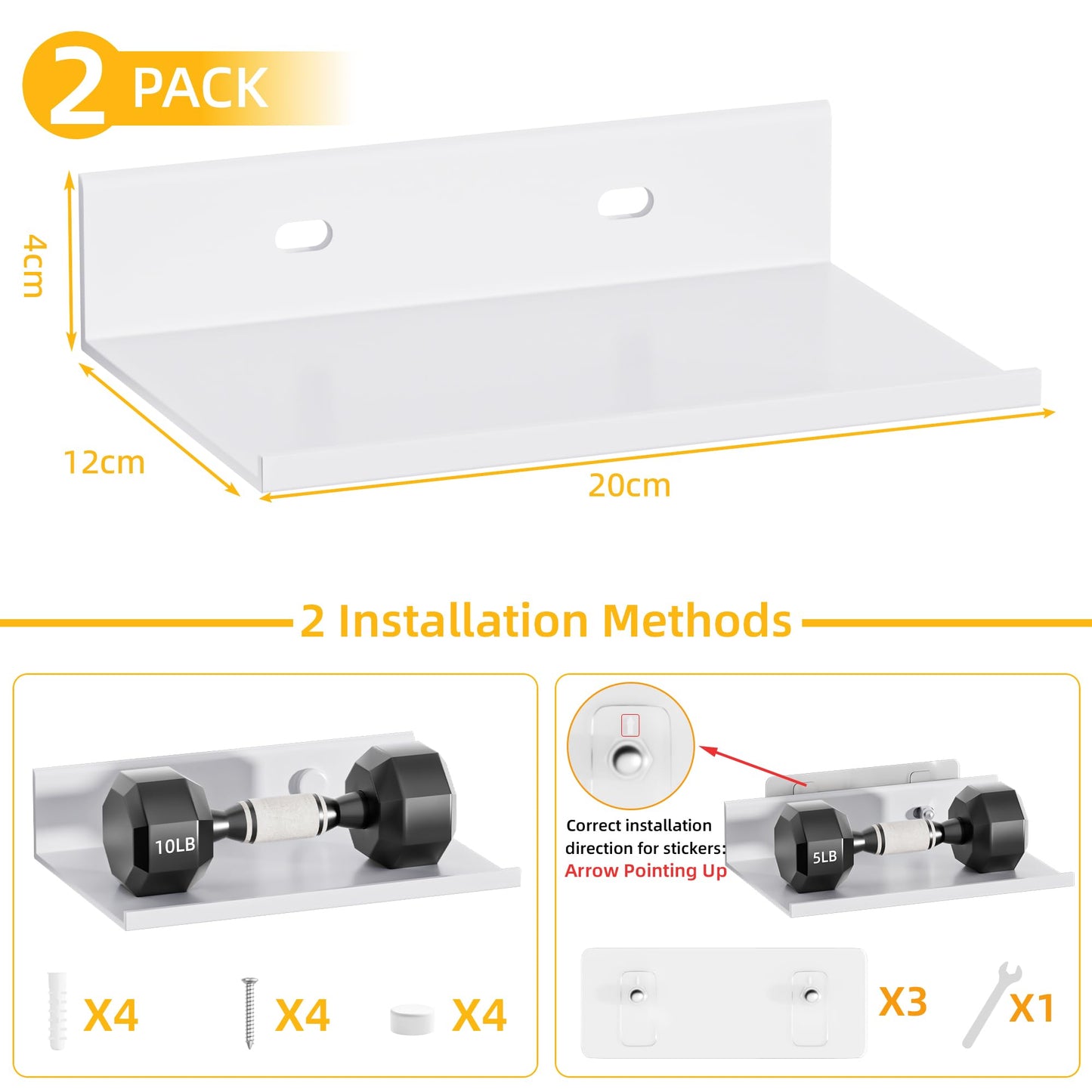 Wisfame Small Floating Shelves for Wall, Metal Adhesive Wall Shelf 2 Pack, Modern Display Shelf for Living Room, Bedroom, Bathroom Decor (White, 8 Inch)