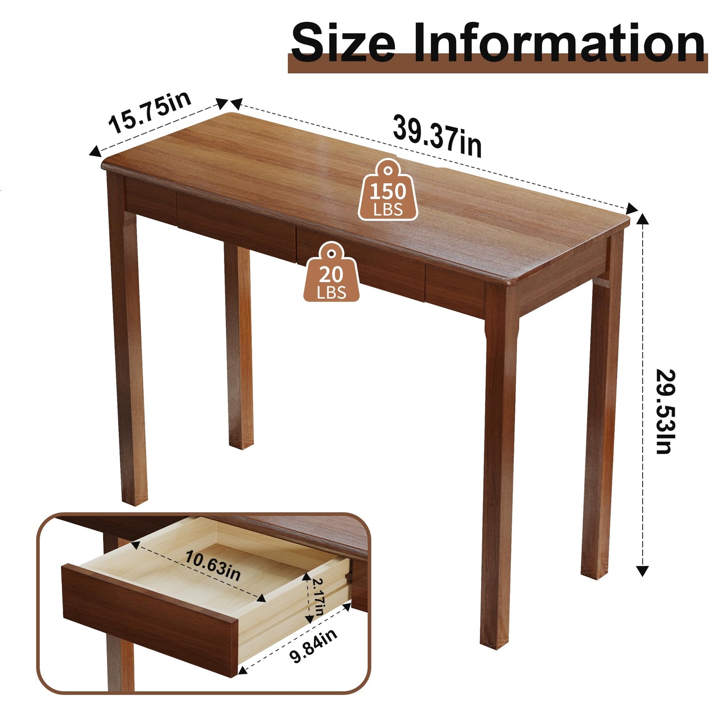 LuxeSand 100% Solid Wood Desk with Drawers 39 x 15 Inch Mid Century Modern Desk Vintage Small Writing Wooden Desks for Small Spaces Bedroom, Living Room, Office