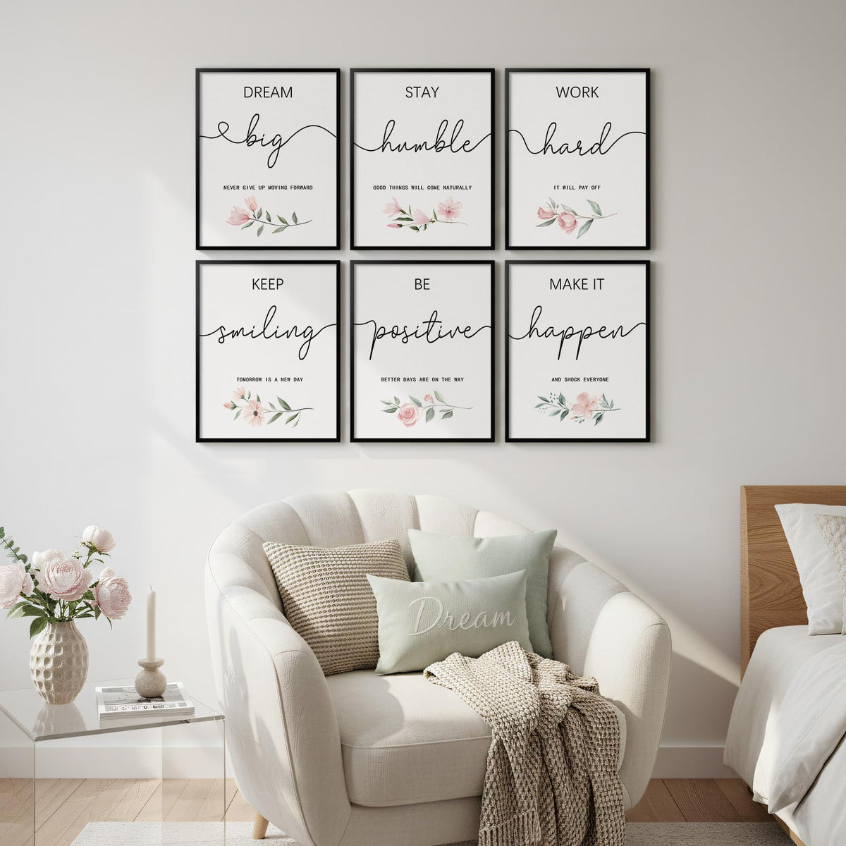 Framed Inspirational Office Wall Art Decor, 6 Piece Modern Motivational Quotes Floral Canvas Prints Artwork for Office Walls, Positive Affirmations Wall Decor for Home, Study Room, 11x14