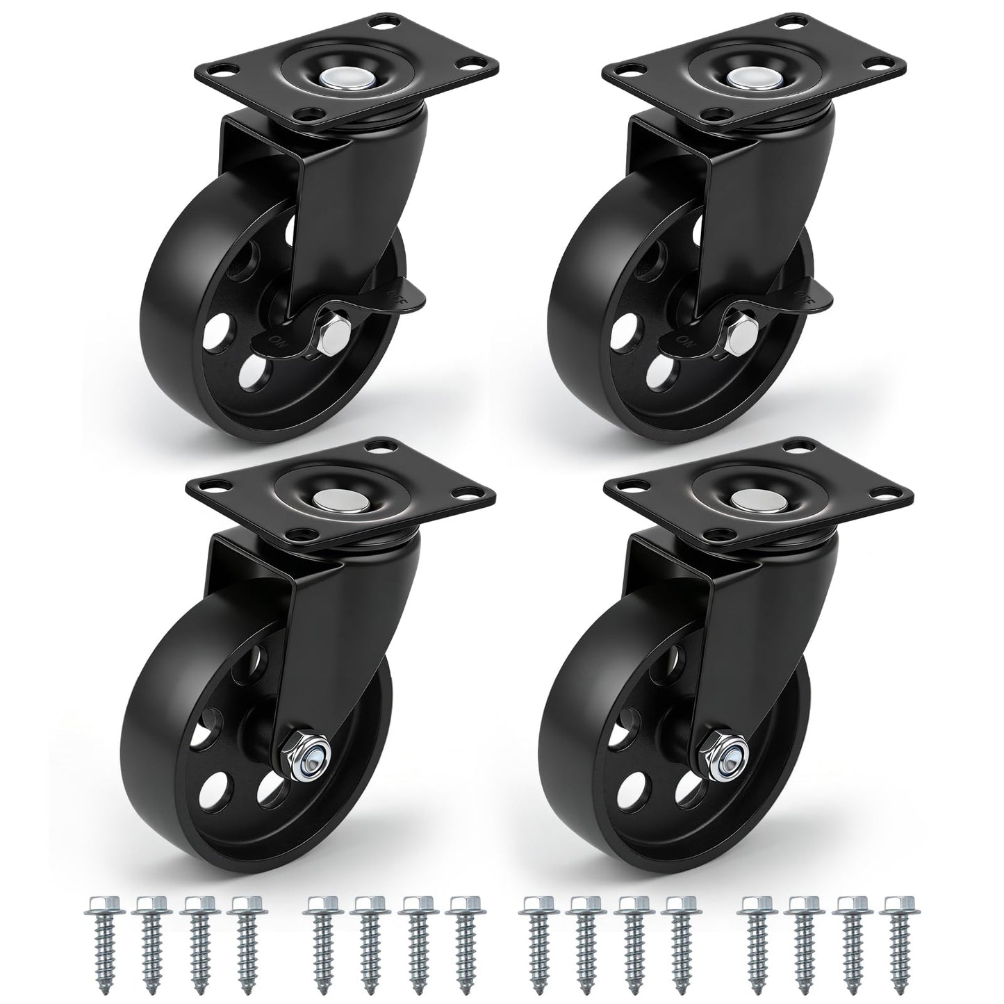 Skelang 4" Metal Swivel Plate Caster Wheels, Heavy-Duty Cast Iron Casters with Brakes for Wooden Furniture, Set of 4 (Combo)