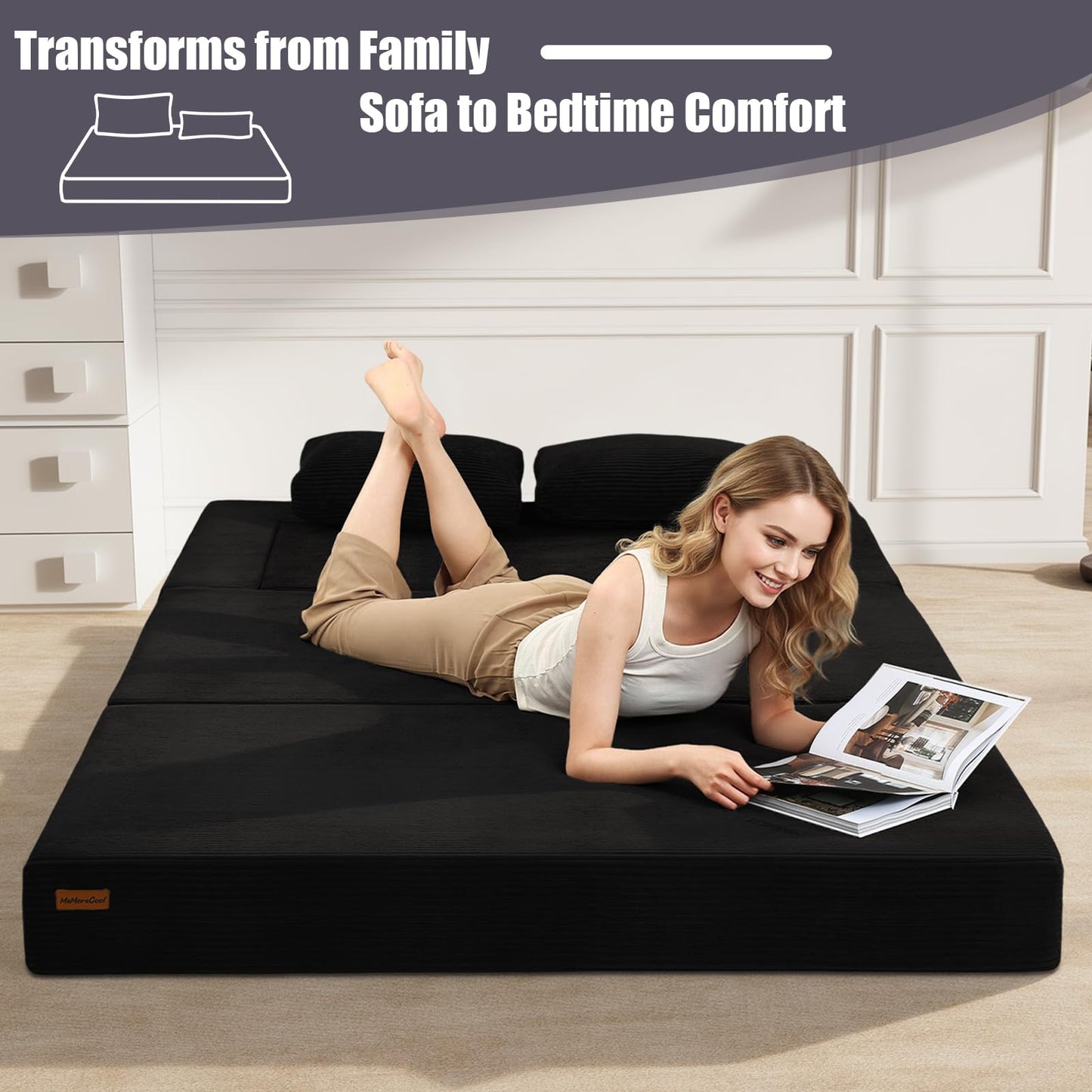 MeMoreCool Black Futon Couch Convertible Sofa Bed Queen, Folding Floor Couch Bed with Pillow, Corduroy Foldable Sofa Sleeper, Fold Out Boneless Loveseat Lounge for Living Room Small Spaces