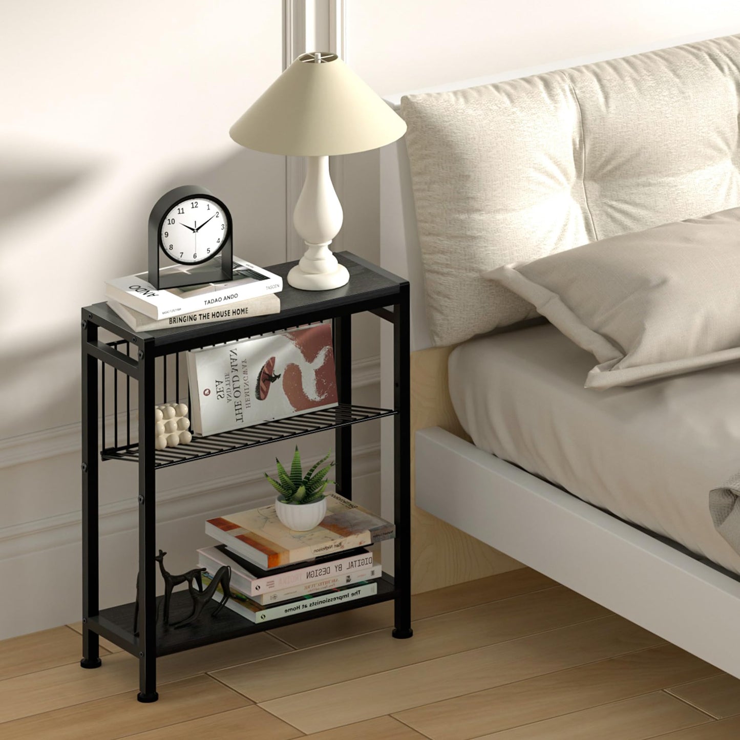 Lifenite Side Table for Small Spaces, Narrow End Table with Adjustable V-Shaped Magazine Rack, 7.1"D x 17"W x 21.7"H, Black