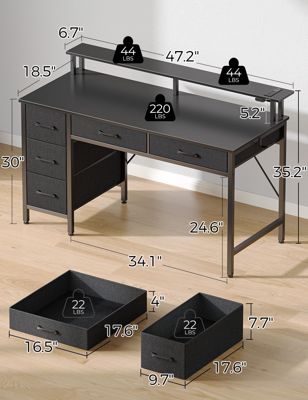 Seventable Computer Desk with Power Outlets & LED Lights, 47 inch Office Desk with Keyboard Tray & 5 Drawers, PC Desk/Work Desk/Computer Table for Home Office, Black