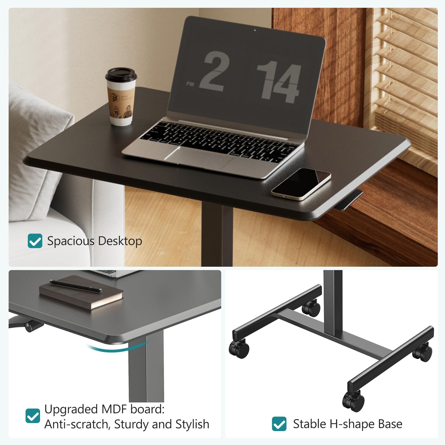 OLIXIS Small Standing Desk with Locking Wheels, Mobile Portable Rolling Laptop PC Table, Adjustable Height Computer Workstation for Home Office, 19 Inch, Black