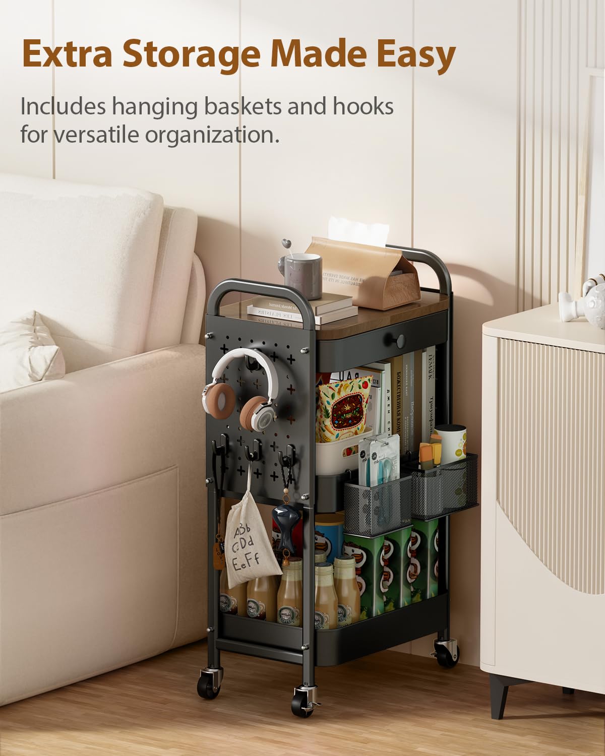 ALVOROG Rolling Cart with Drawer and Wood Table Top, 3 Tier Metal Rolling Utility Cart on Wheels with DIY Pegboards, Hanging Baskets, Hooks for Bedroom,Office,Craft Supplies