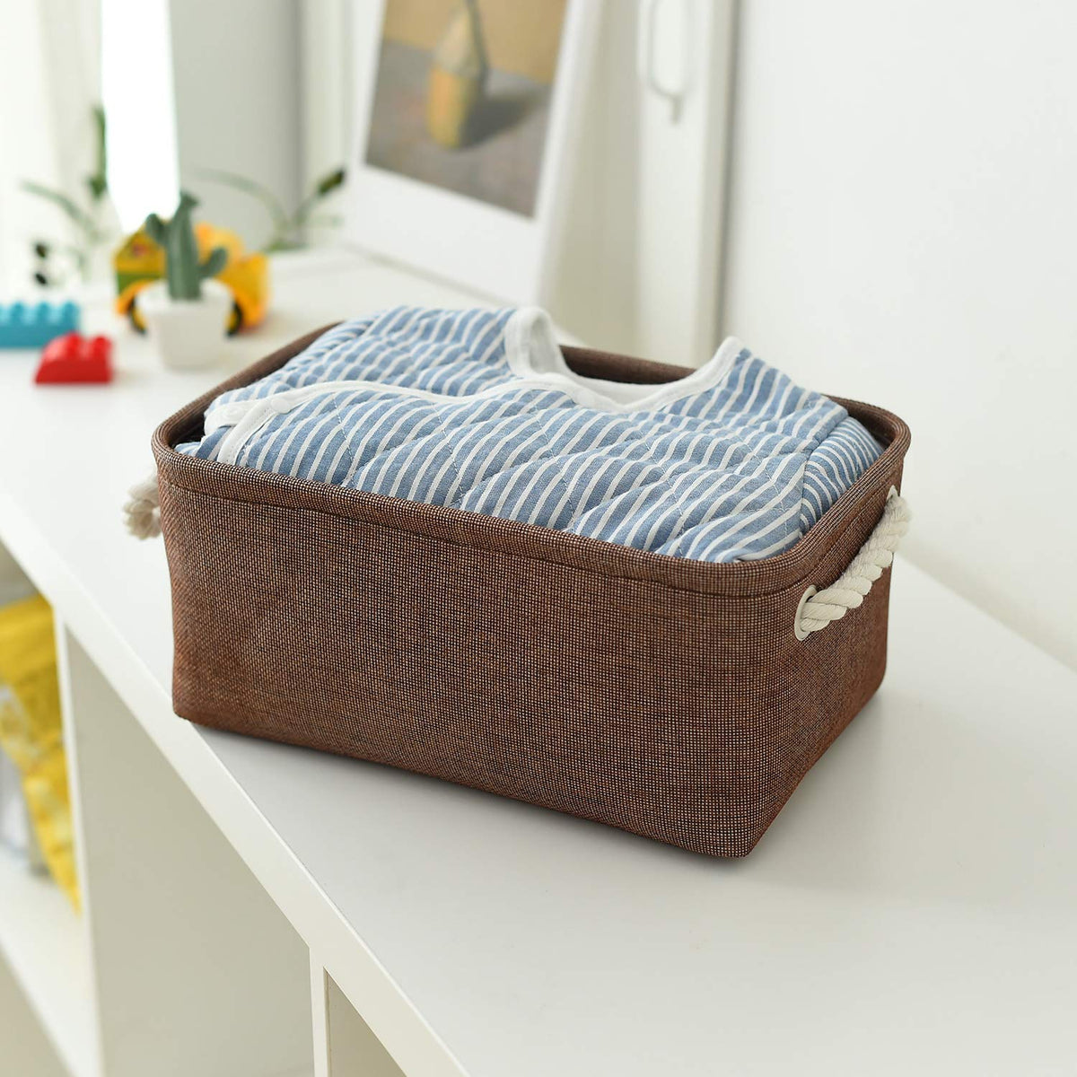 TheWarmHome Small Fabric Canvas Storage Bin with Cotton Rope Handles - Foldable Empty Basket for Gift (Brown-1 Pack,11.8L7.9W5.2H inch)