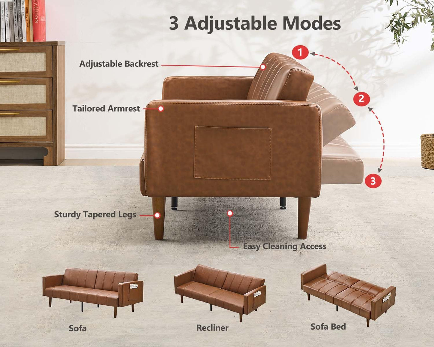 75" Futon Sofa Bed, Mid-Century Modern Futon Couch, Convertible Sleeper Sofa with Adjustable Backrest, Side Pocket, PU Leather Couch for Living Room, Brown