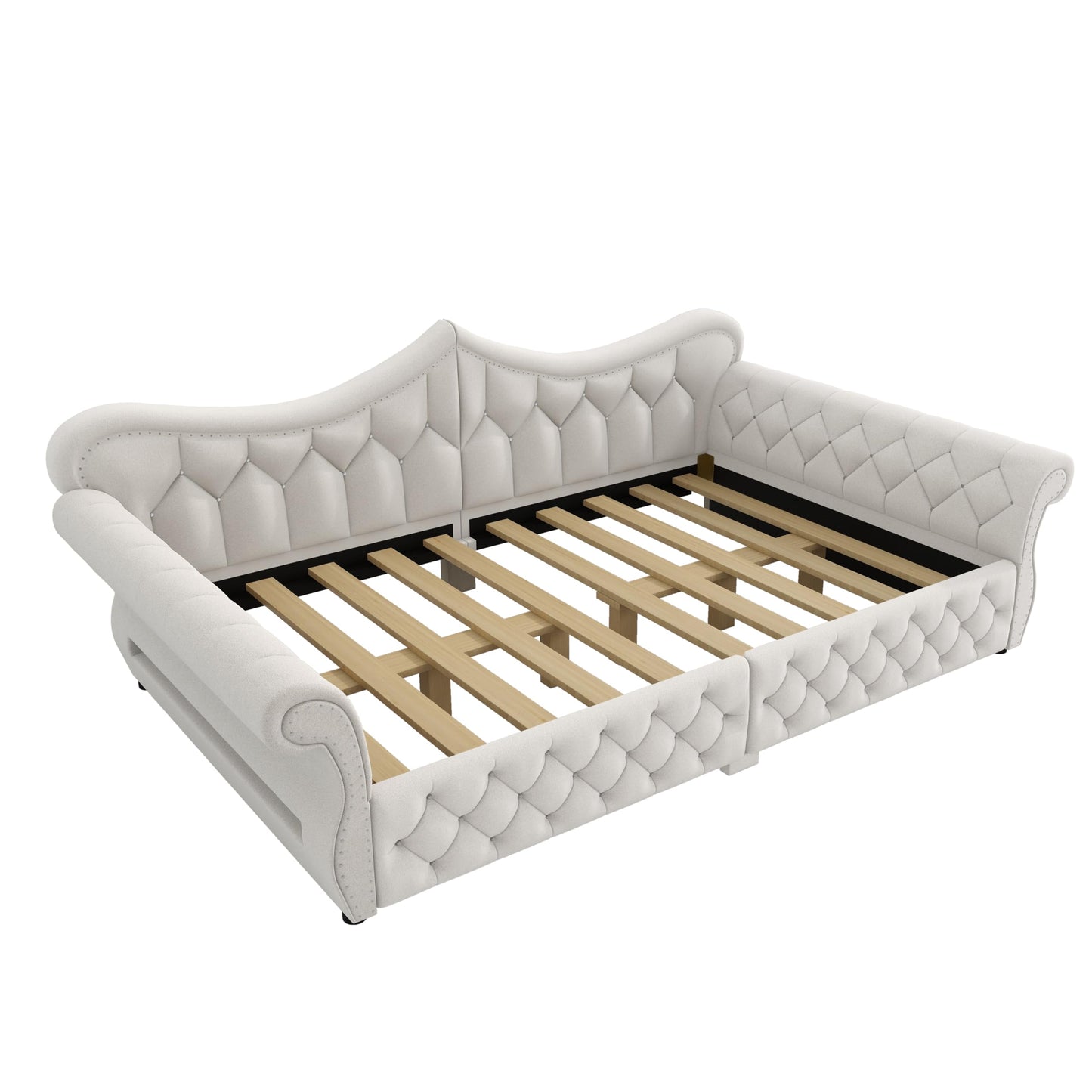 Merax Queen Size Upholstered Daybed with LED Lights & Nail Head Decoration,Convertible Sofa Bed with Tufted Diamond Upholstery,Rolled Armrests,No Box Spring Needed for Living Room,Beige