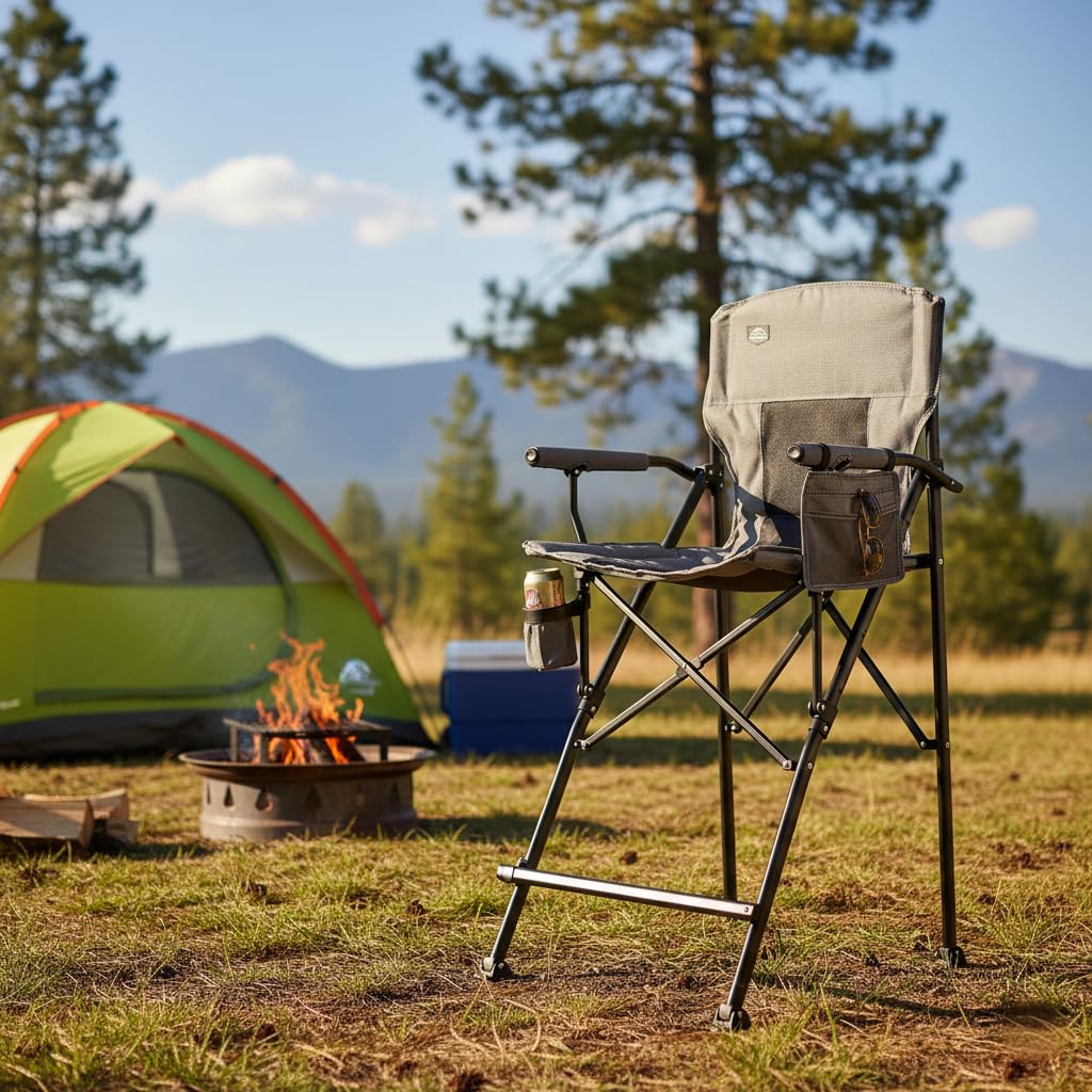 LANMONTAIN 2 Pack Tall Folding Camping Chairs,30.7'' Seat Height Portable Hard Arm Bar Chairs w/Cup Holder,Side Mesh Pocket and Footrest,Heavy Duty Support 350 Lbs Comfy Director Chairs,Black&Grey