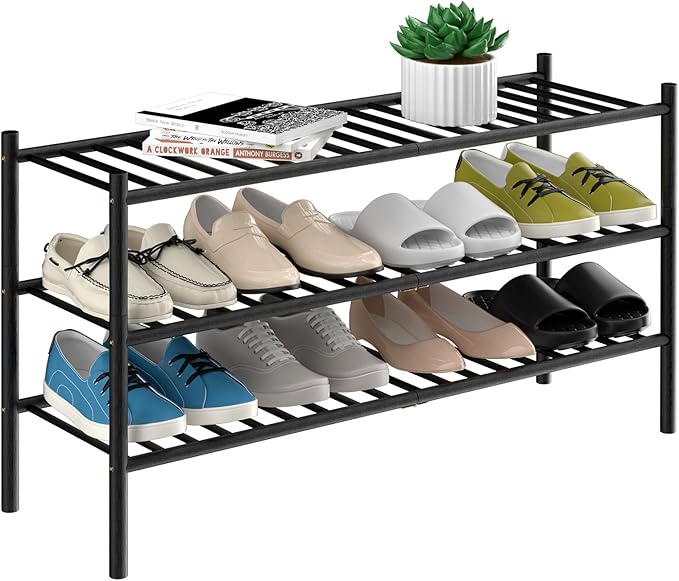 ROMGUAR CRAFT 3-Tier Bamboo Long Shoe Rack, Free Standing Wood Shoe Shelf