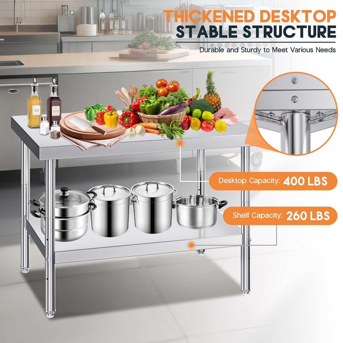 30" x 48" Stainless Steel Prep Table with Adjustable Under Shelf & Legs - Ideal for Commercial Kitchen, Restaurant, Hotel & Garage Workspaces
