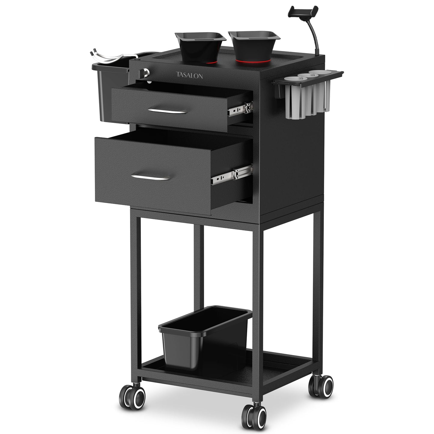 TASALON Metal Lockable Salon Cart with Wheels, 2 Magnetic Bowls & Drawers, Rolling Barber Trolley, Mobile Storage Cart with Drawers for Hair Stylist, Beauty Salon & Barber Shop