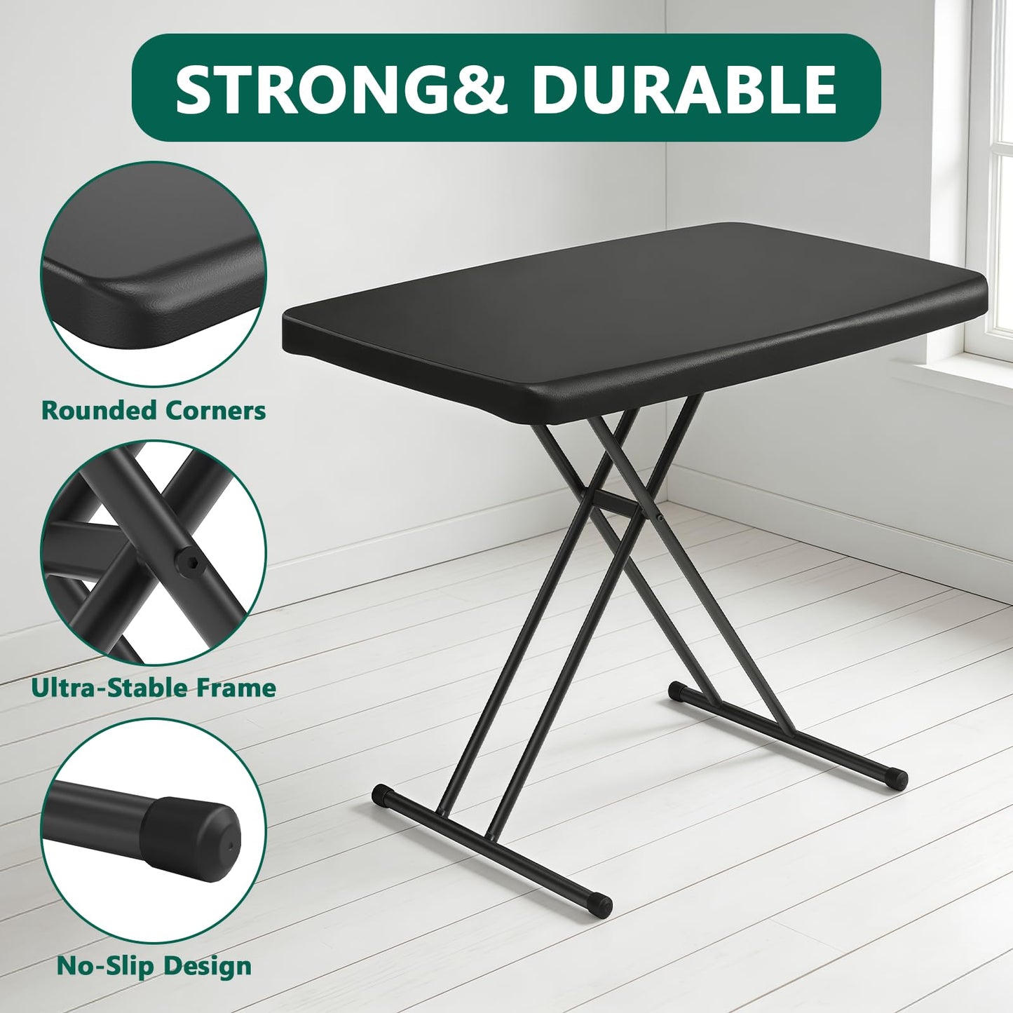 MAKE CHANGES Folding Table 30 Inch - Small Desk Adjustable Height TV Tray for Laptop, Couch, Camping - Heavy Duty Utility Foldable Table for Small Spaces, No Assembly Required, Black Granite