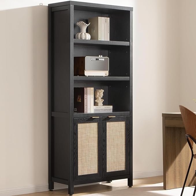 SICOTAS Bookcase 71" Tall Bookshelf 5 Tier Rattan Boho Bookcase