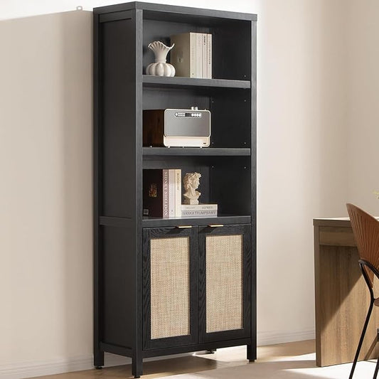 SICOTAS Bookcase 71" Tall Bookshelf 5 Tier Rattan Boho Bookcase