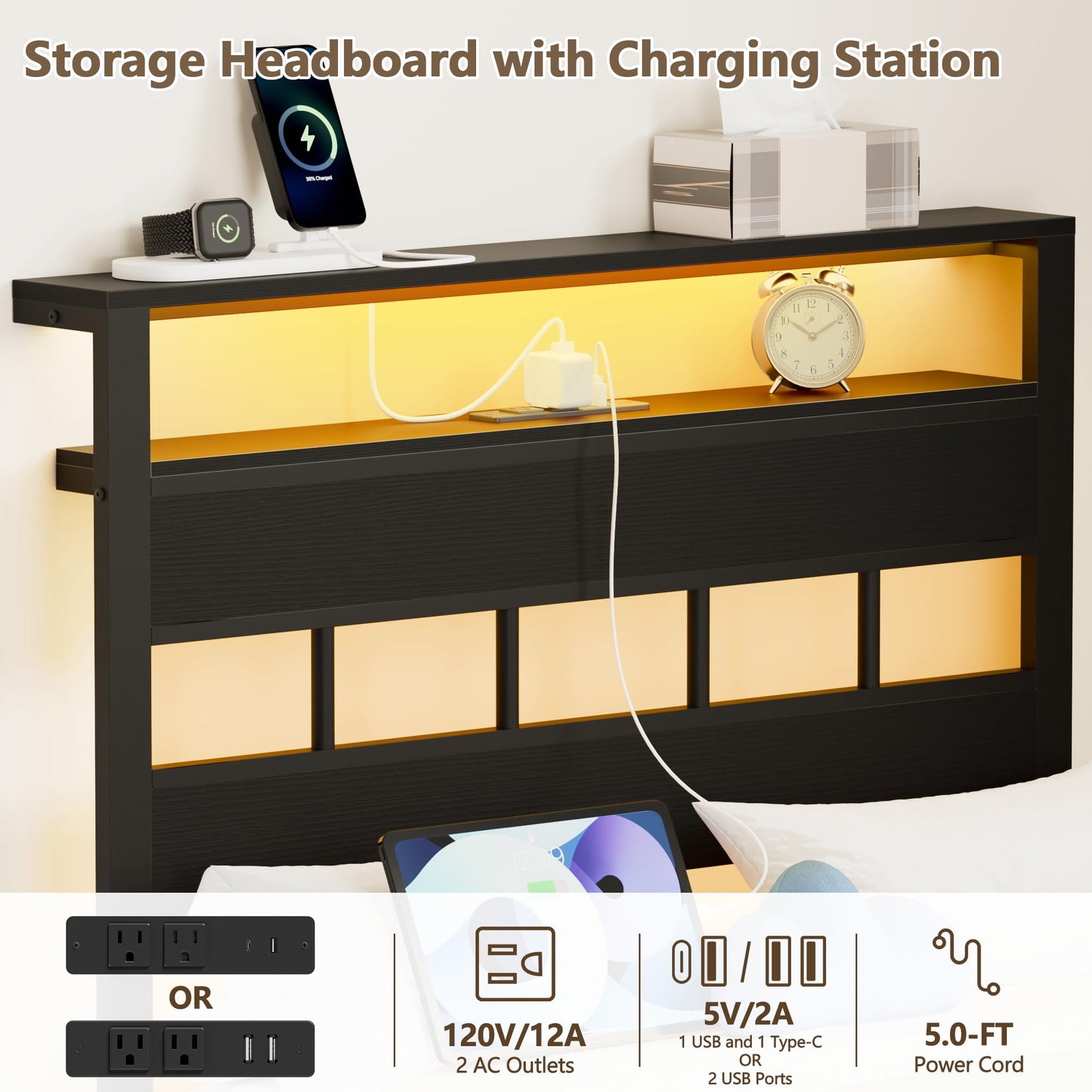 Furnulem Twin Bed Frames with Charging Station and LED Lights, Twin Size Platform Bed with Metal Slats, Wood Headboard with 2-Tier Storage Shelves, No Box Spring Needed, Black Oak