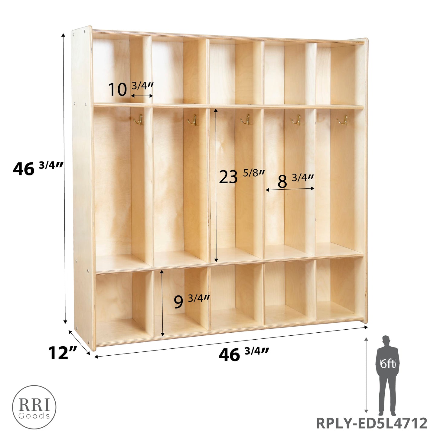 RRI Goods 5 Section Montessori Coat Locker & Backpack Hanger, School,Daycare Organizer, Wooden Furniture with Storage & Hooks for Classrooms, Kid’s Room