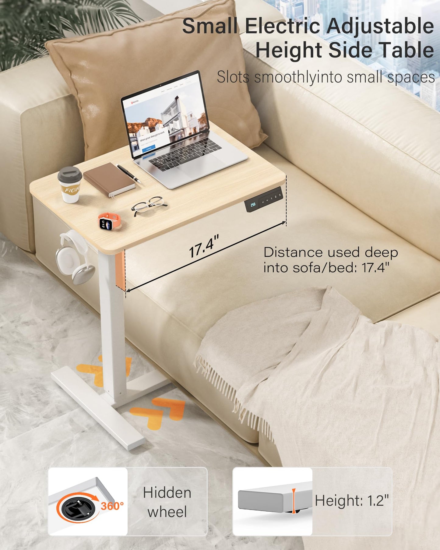 FiCiHi Small Electric Standing Desk - Adjustable Height Bedside Laptop Table with Wheels, Mobile, Portable Rolling Computer Workstation Sit Stand Table for Home Office, Sofa, Couch Use(28x16,Maple)