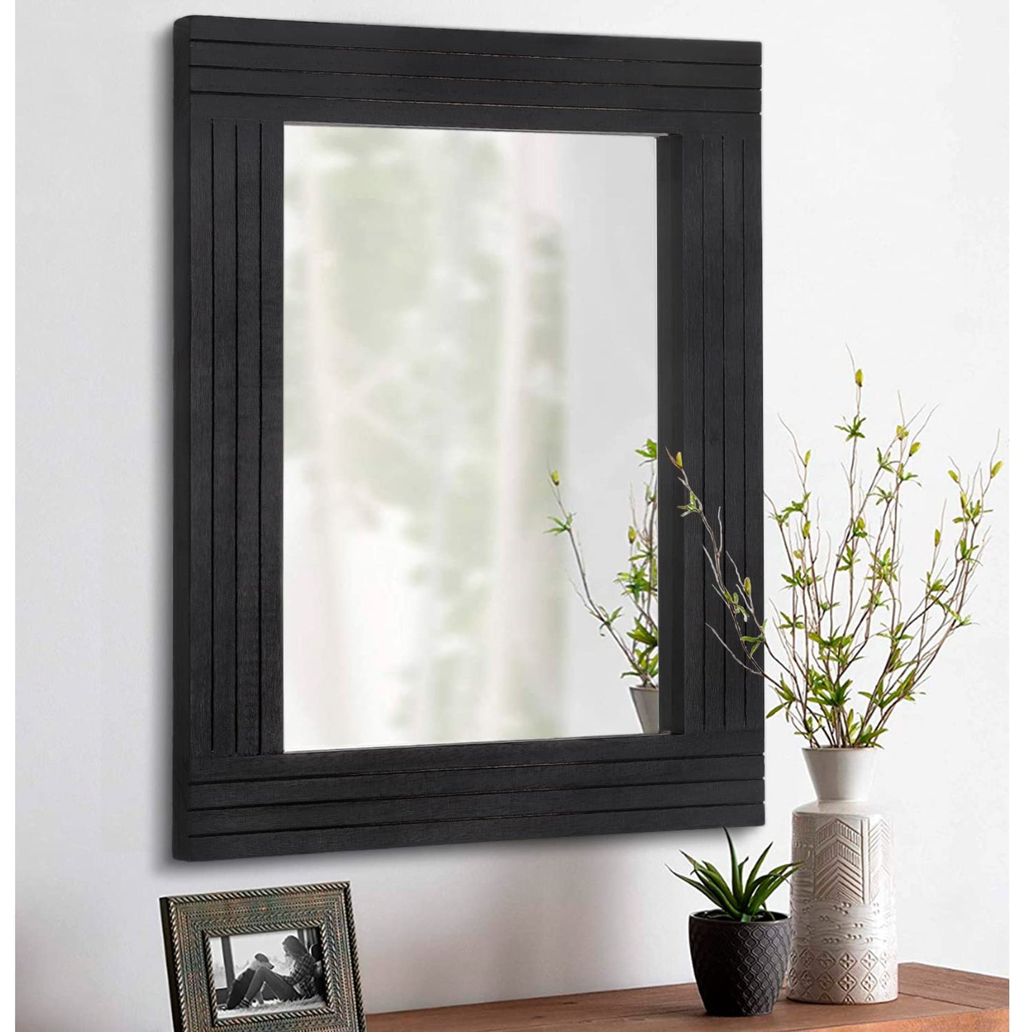 HLFMVWE Black Rectangular Vintage Rustic Wood Framed Large Mirror - Deco Farmhouse Living Room Bathroom Bedroom Entrance - 26" x 18"