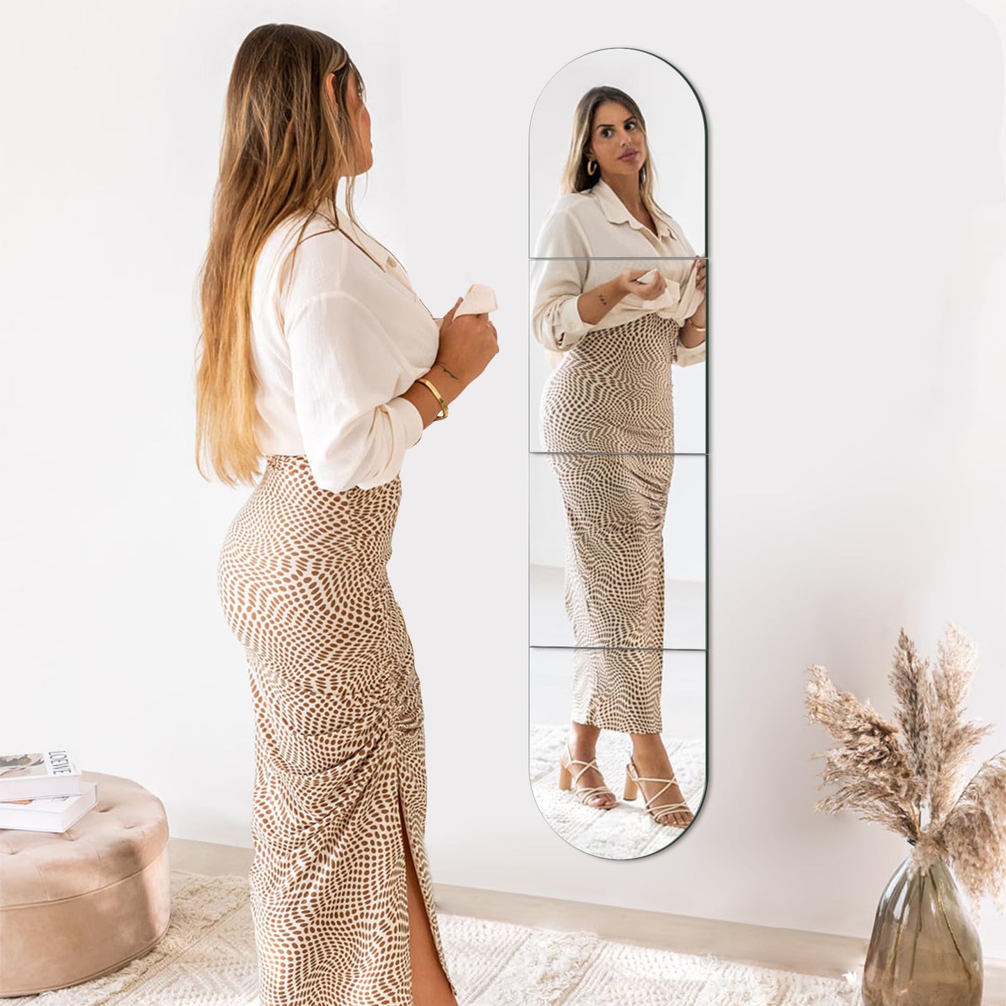 QEEYION Arched Full Length Mirror Wall Mounted 14''x12'' x 4PCS Frameless Glass Full Body Mirror Tiles for Wall, Door, Living Room, Bathroom, Bedroom, Cloakroom, Entryway Decor