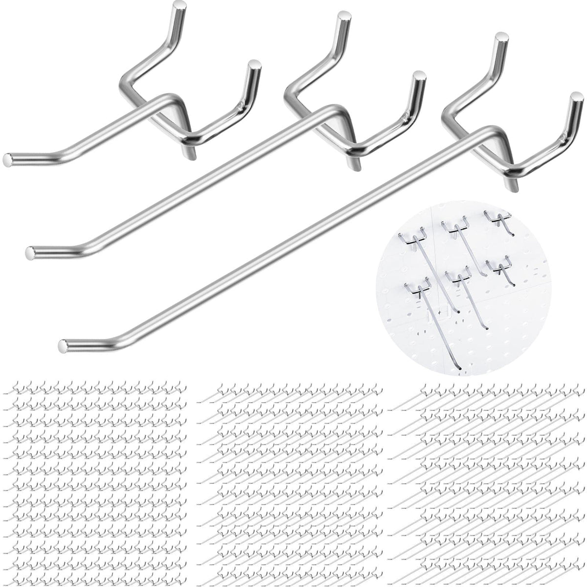 Hicarer 200 Pcs Stainless Steel Pegboard Hooks Multiple Sizes Fit 1/4" or 1/8" Pegboard Ideal for Garage Tool Organization, Wall Storage(2 Inch, 4 Inch, 6 Inch)