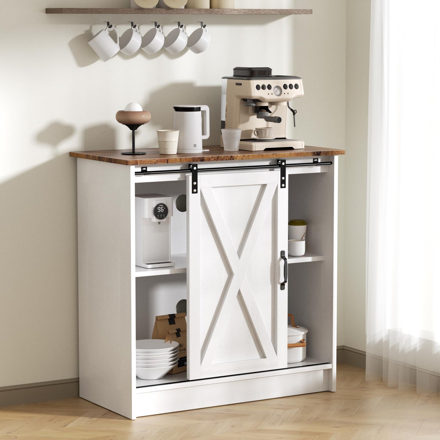 COSYSUPER White Coffee Bar Cabinet with Storage, Farmhouse Coffee Bar Cabinet, Coffee Bar Table with Sliding Barn Door, Coffee Bar & Adjustable Shelves, for Kitchen, Dining Room, Living Room