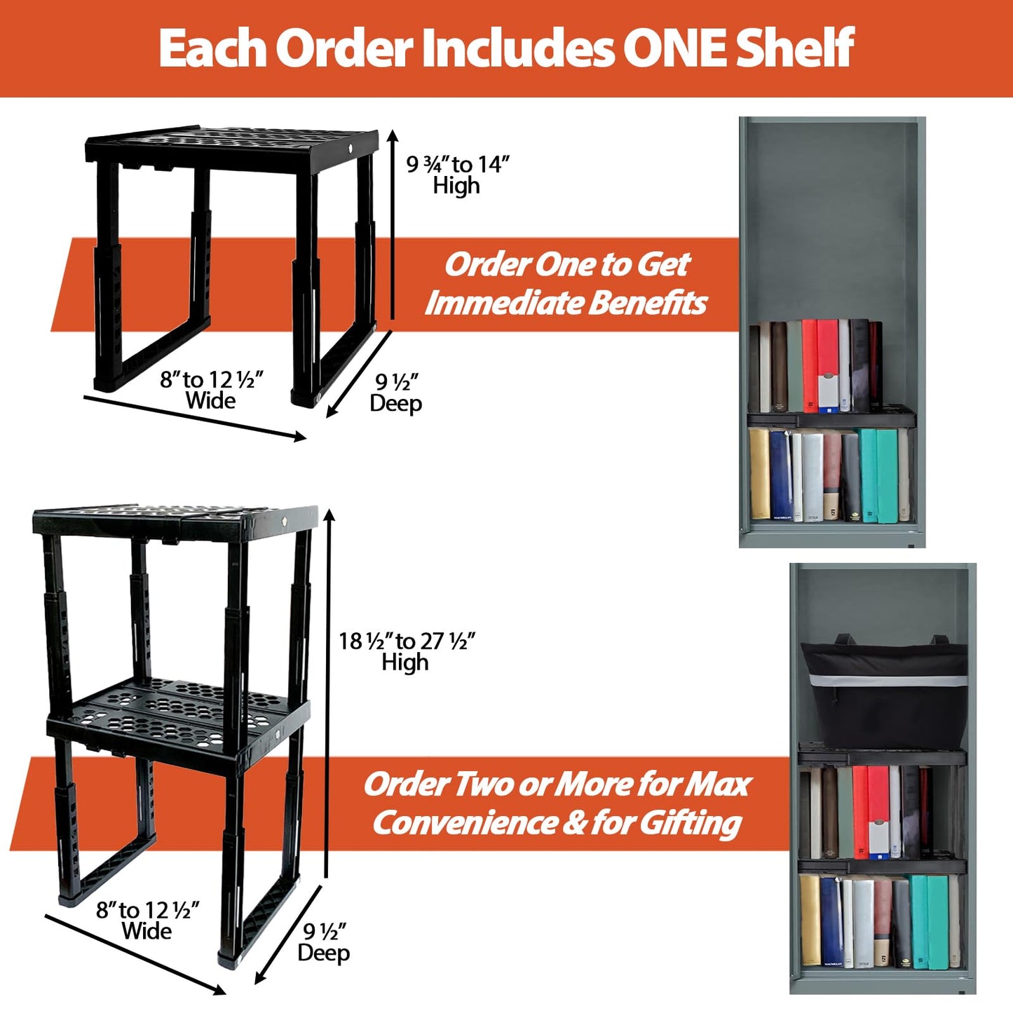 Piffny Locker Organizer Shelf， Adjustable Width and Height, Stackable, Ideal Locker Shelf for School, Office, Gym Lockers, or Even Kitchen Cabinets & Under Sink Organization (Blue)