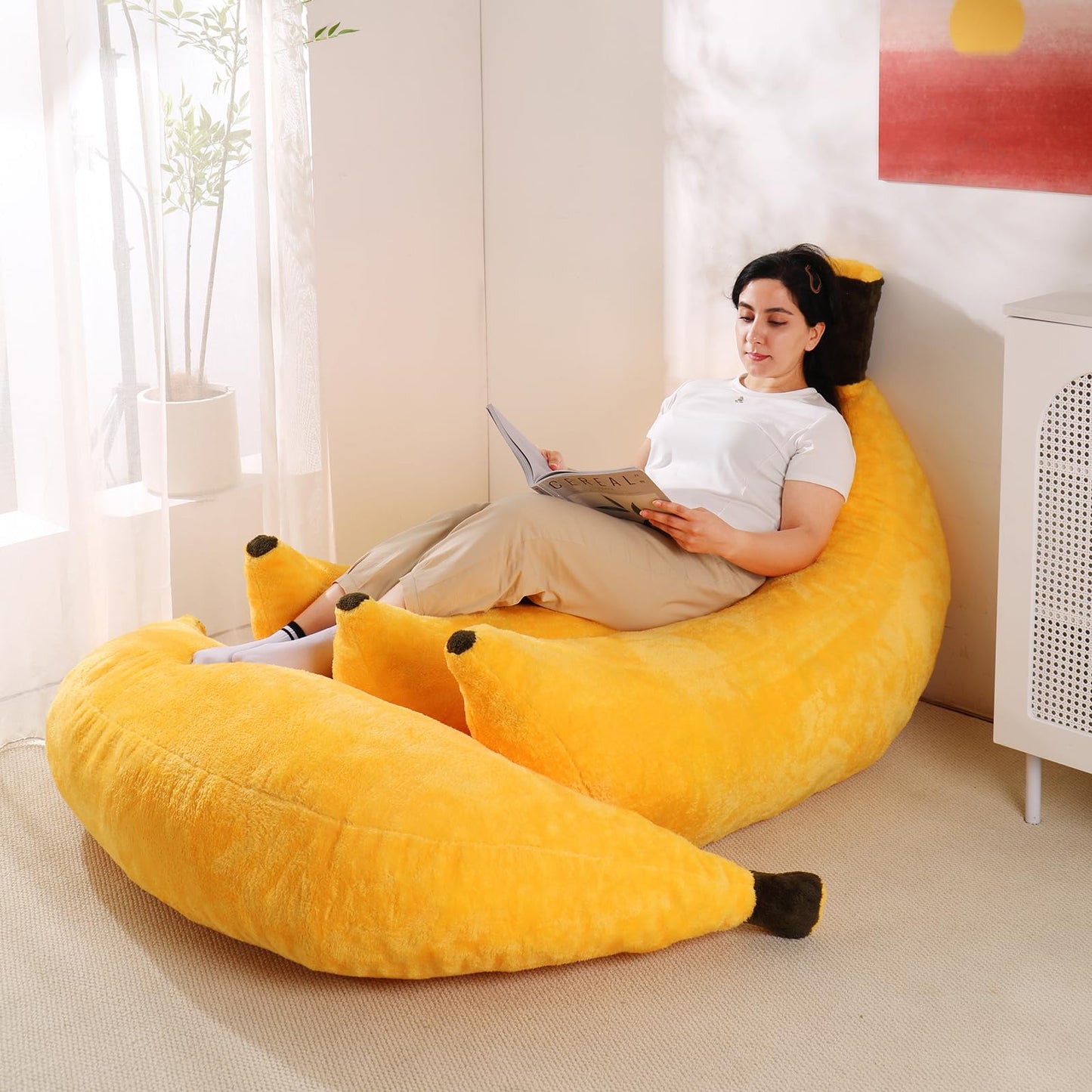 IEVENW Banana Bean Bag Chair with Ottoman, Floor Sofa Bed with Footrest, Comfy Convertible Lounger for Adults, Plush Couch for Bedroom, Living Room or Dorm, L-Yellow