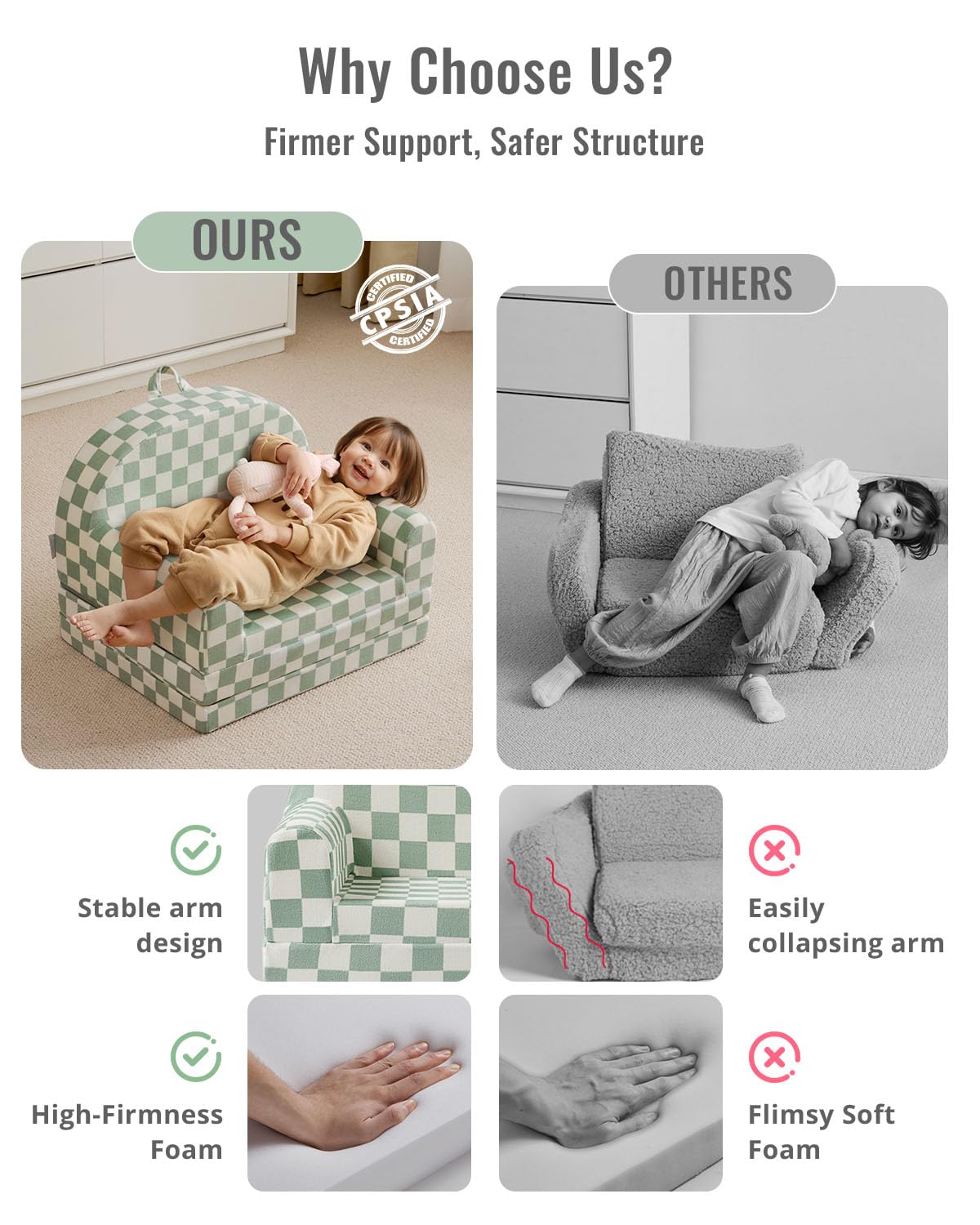 Blissful Diary Kids Couch, 2-in-1 Comfy Kids Chair for Reading, Playroom, Kids Couch Sofa for Girls Boys Birthday Gift, Sage Checkered