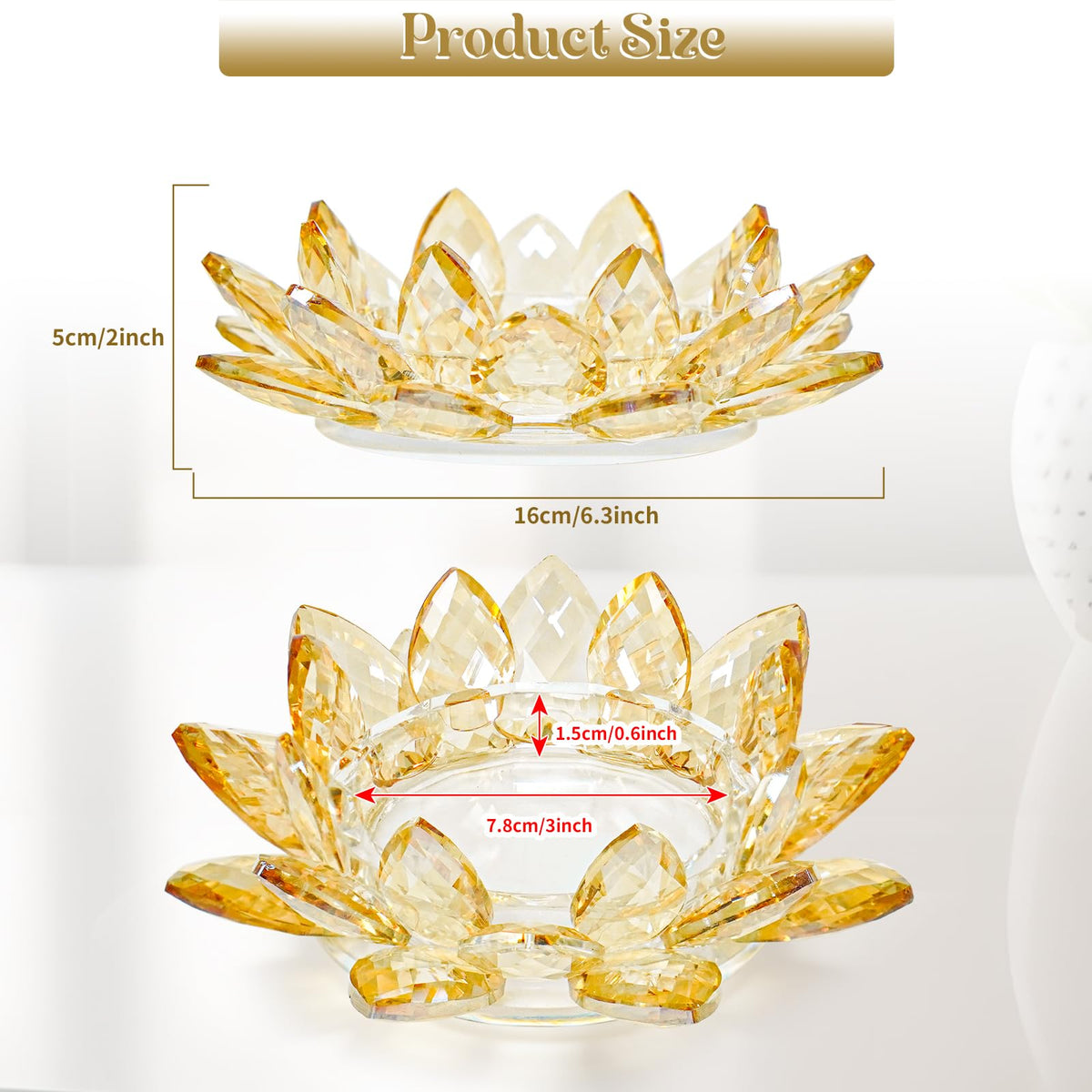 Large Crystal Lotus Tealight Candle Holder for Up to 6" Diameter Pillar Candle Plate Candlestick,Chunky Glass Votive Stand for Wedding, Party, Table Centerpiece Decor and Yoga Meditation (2, Gold)